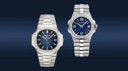 silver and blue Patek Philippe and Chopard watches side by side on a blue gradient background