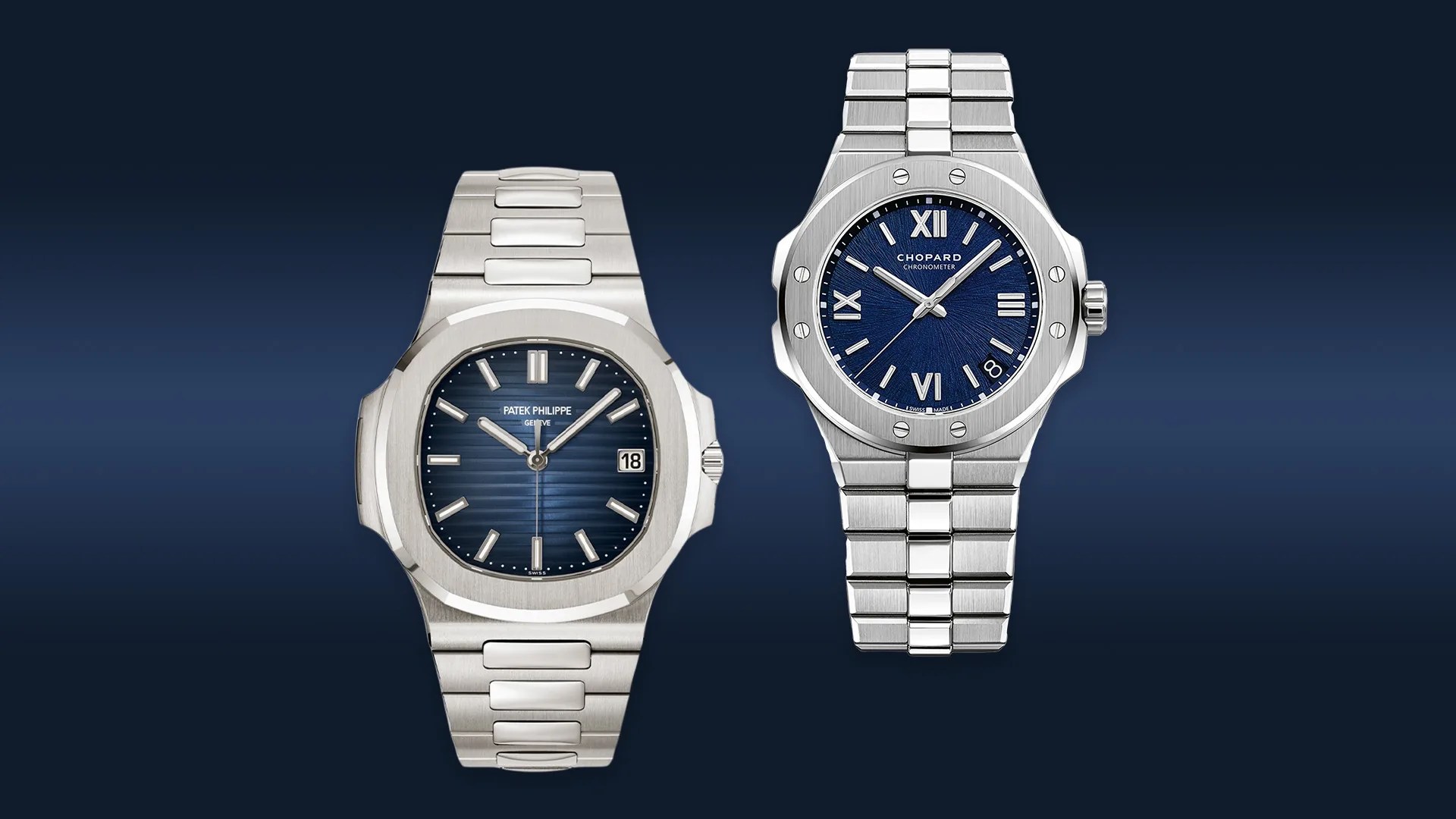 silver and blue Patek Philippe and Chopard watches side by side on a blue gradient background