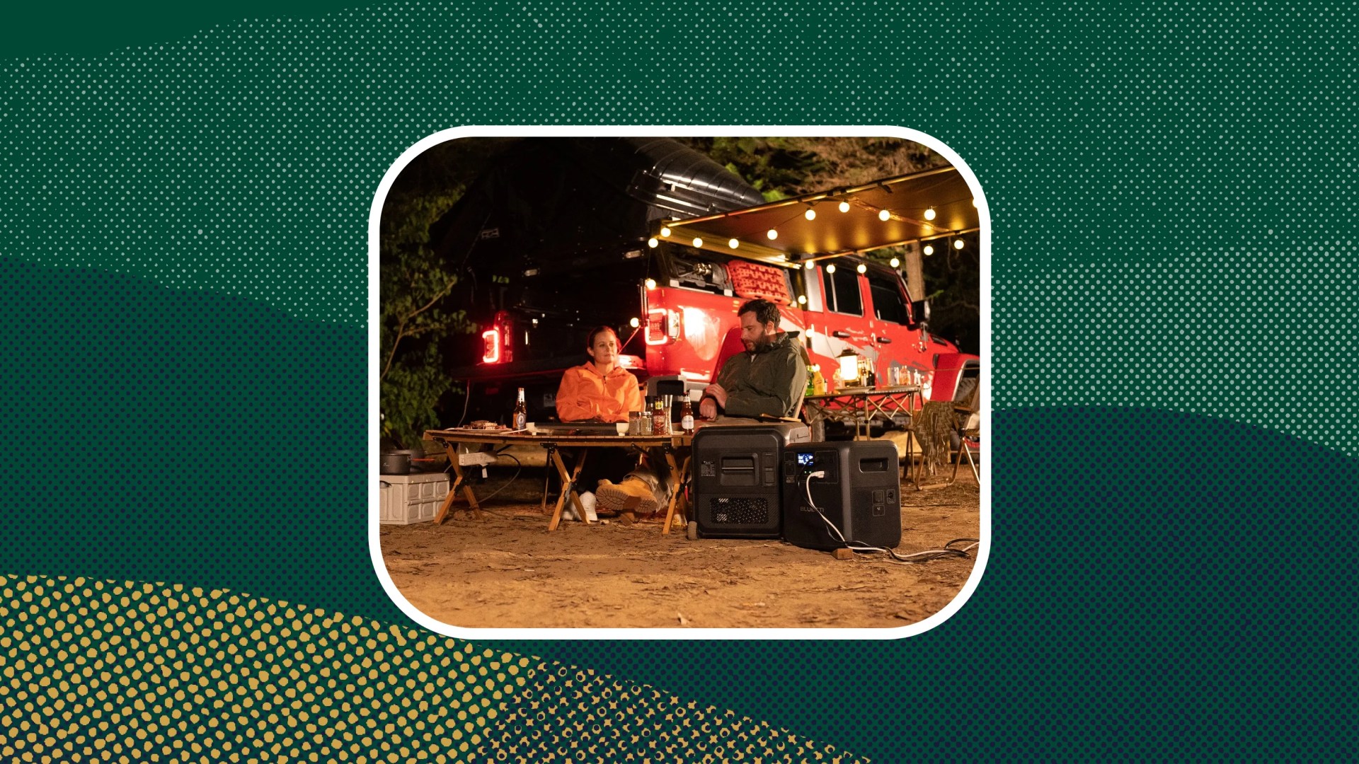 woman and man camping by trailer with fairy lights using Bluetti AC180T + Multicooler
