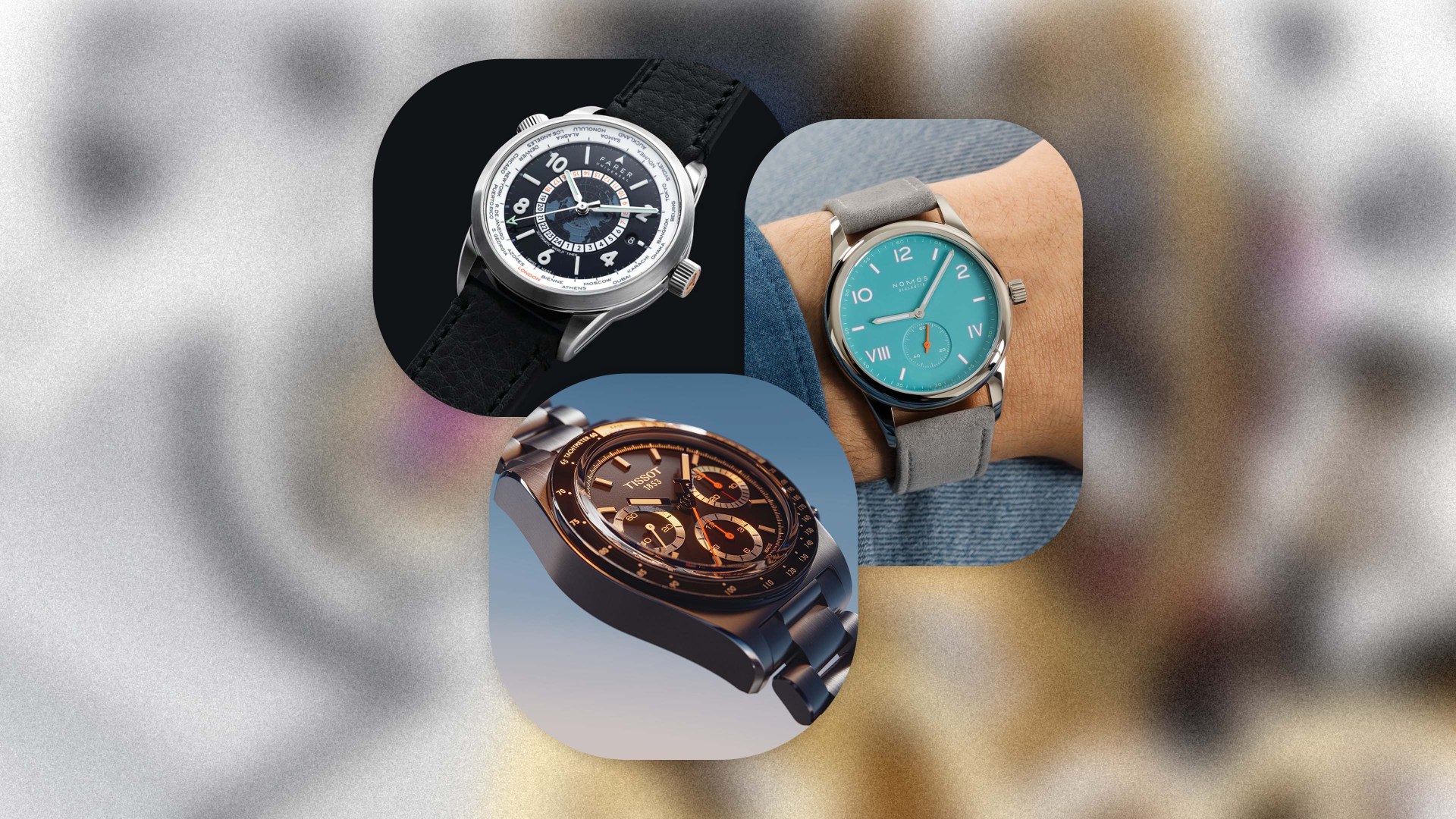collage of a black farer watch, a person wearing a teal nomos watch, and a close up of a tissot watch face