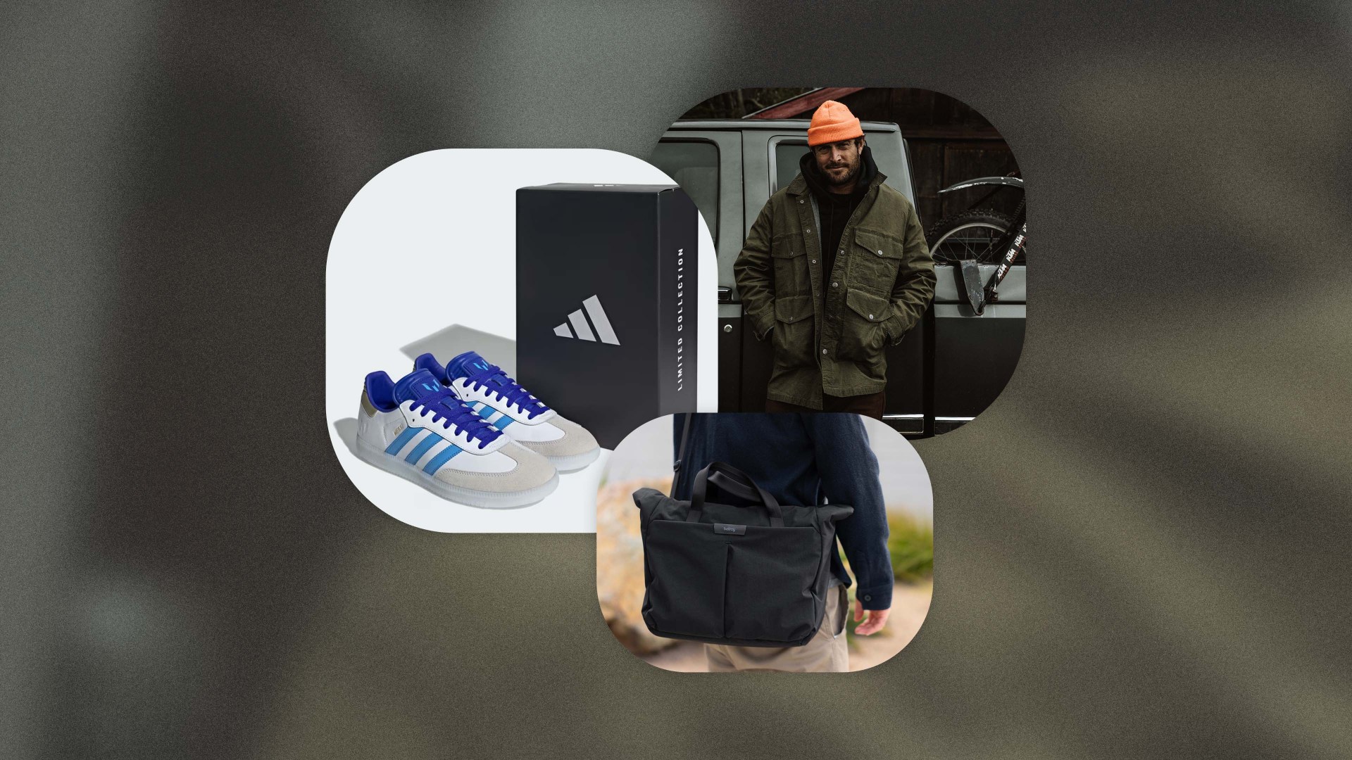 collage of adidas blue, white, and gray shoes with a shoebox, a man wearing a green jacket and orange hat leaning on a truck, and a person wearing a black bellroy bag over their shoulder
