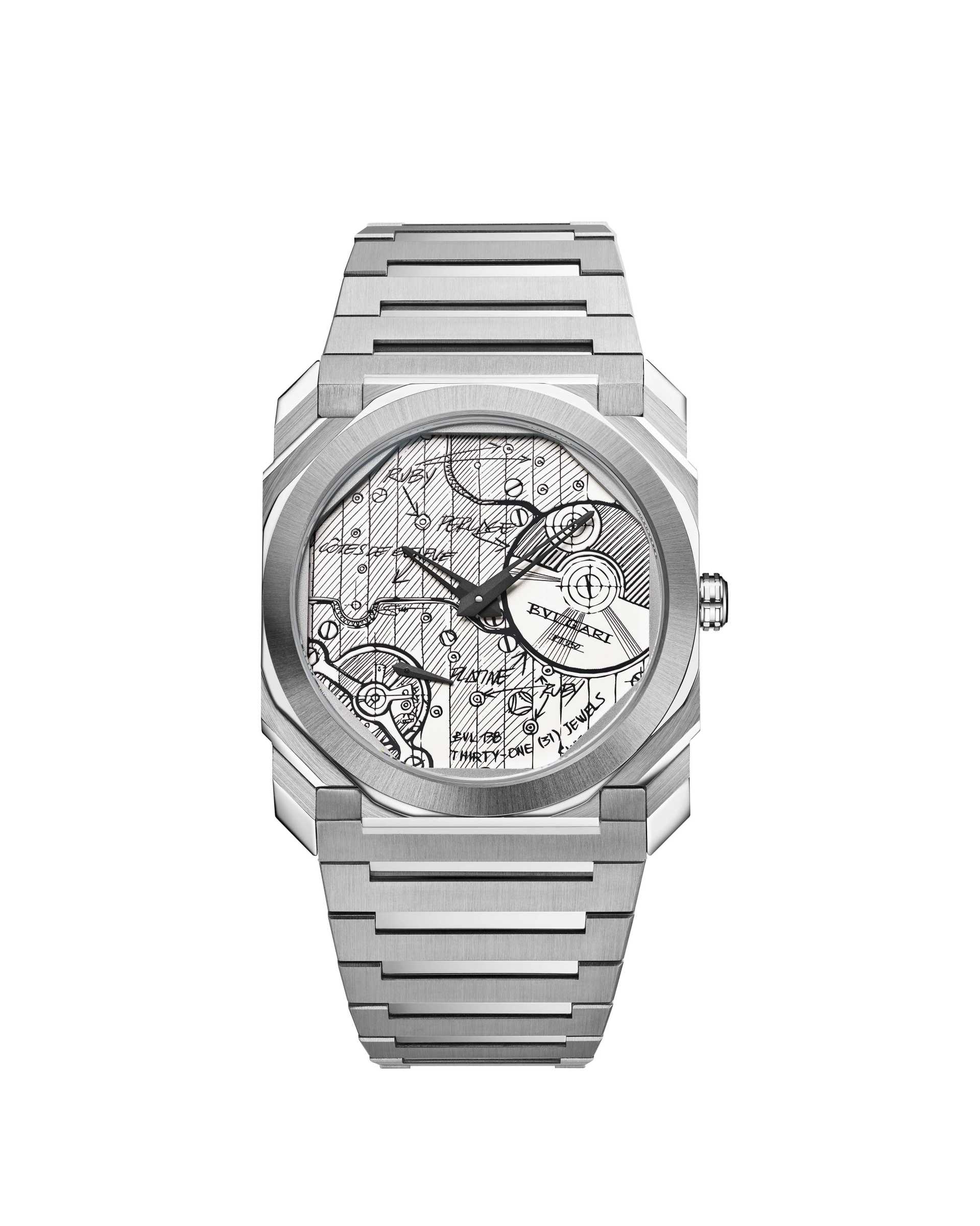 bulgari steel sports watch with artistically drawn dial