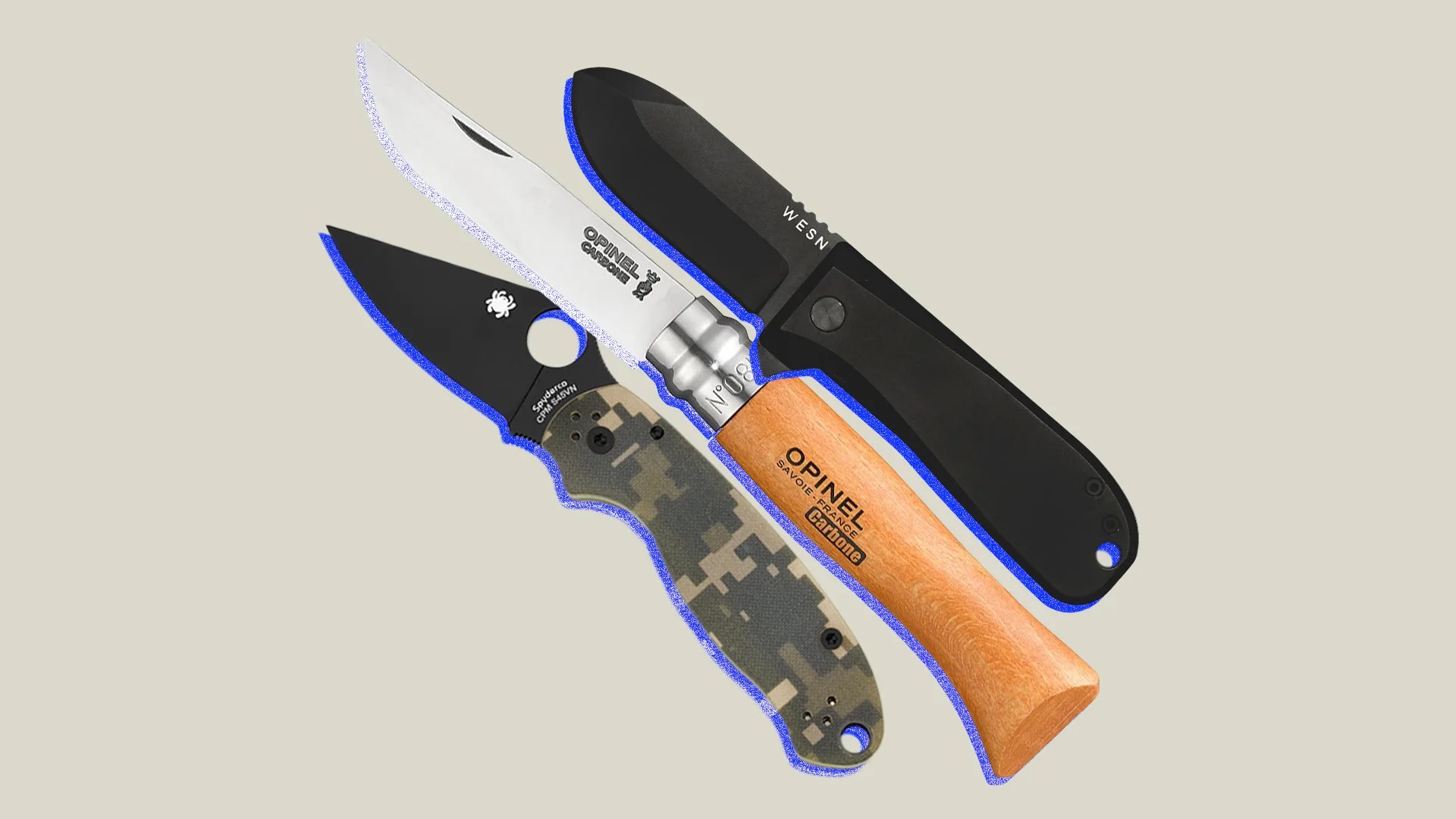 collage of an Opinel knife, a WESN knife, and a Spyderco knife with a purple shadow on a beige background