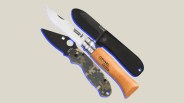 collage of an Opinel knife, a WESN knife, and a Spyderco knife with a purple shadow on a beige background