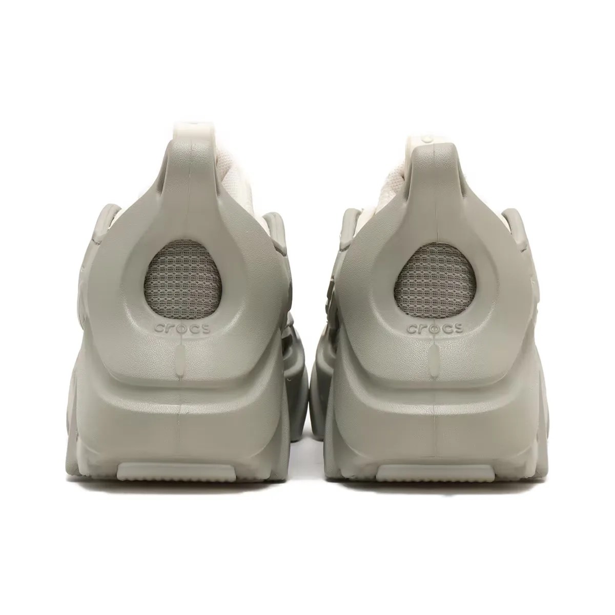 Back view of a pair Crocs Nova Trek sneakers in grey