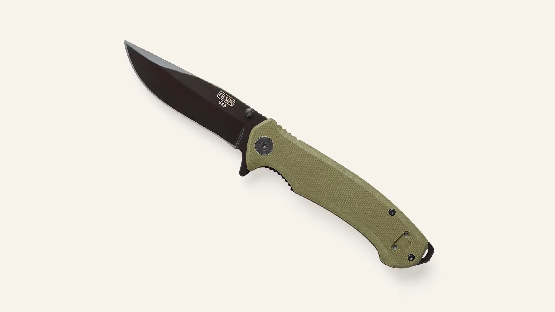 a black and green filson ASSISTED OPENING KNIFE