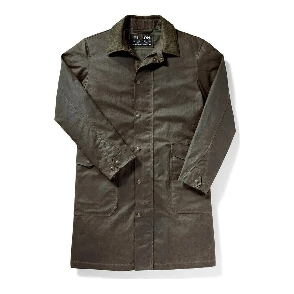 Olive green filson waxed tin cloth trench coat