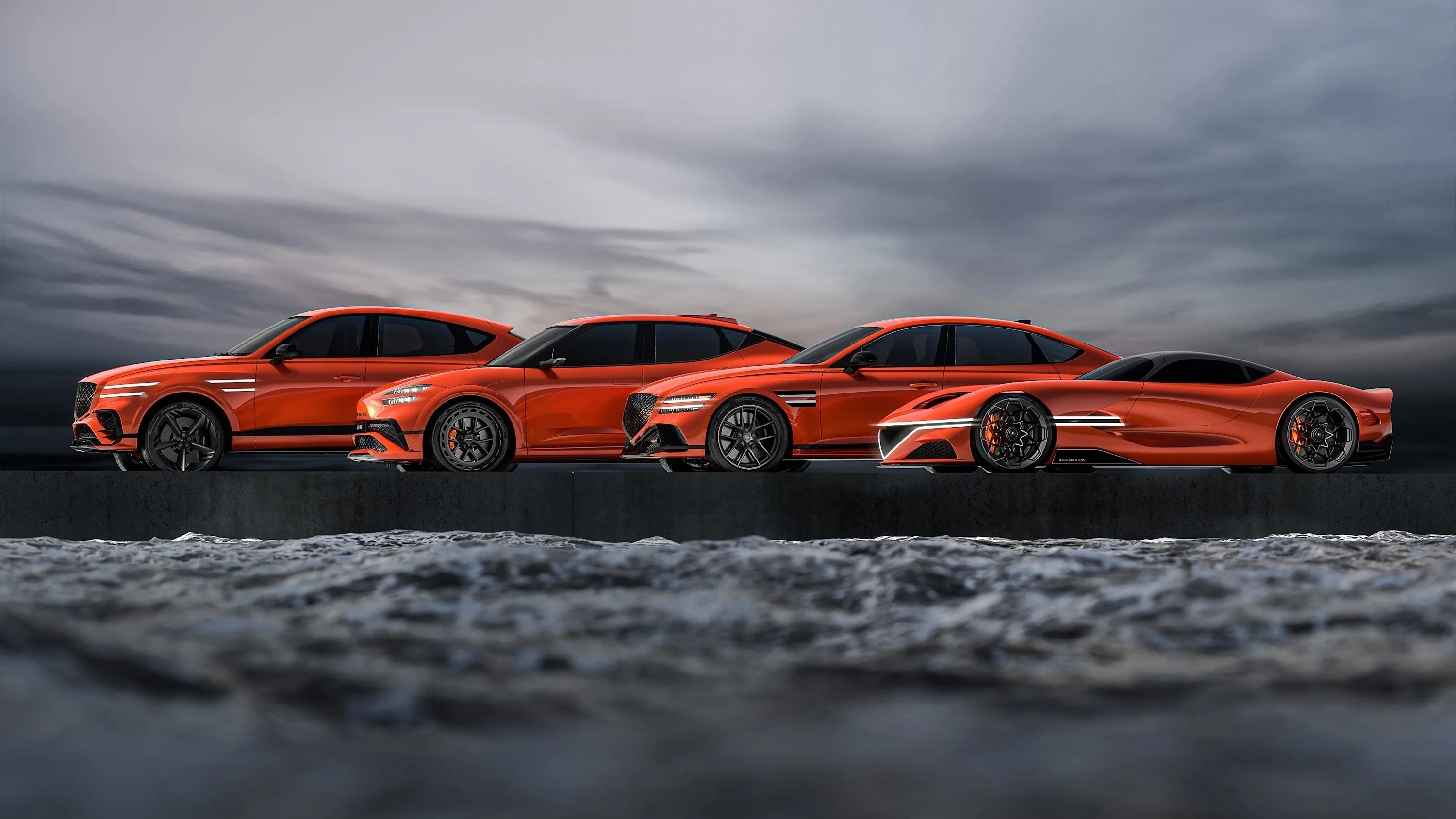 Five bright orange editions of Genesis vehicles parked side-by-side