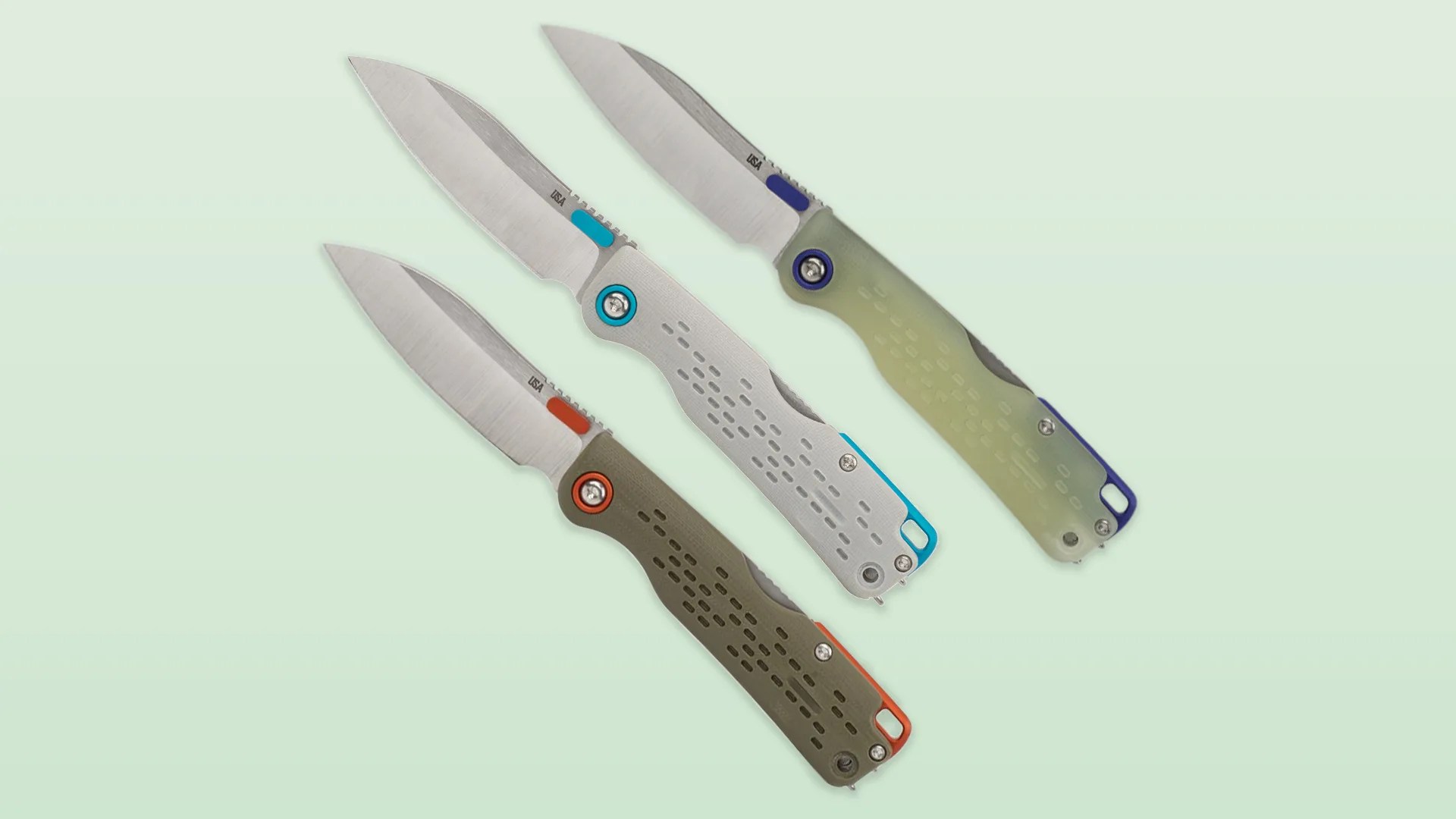 collage of three Ka Bar State & Union knives on a green background