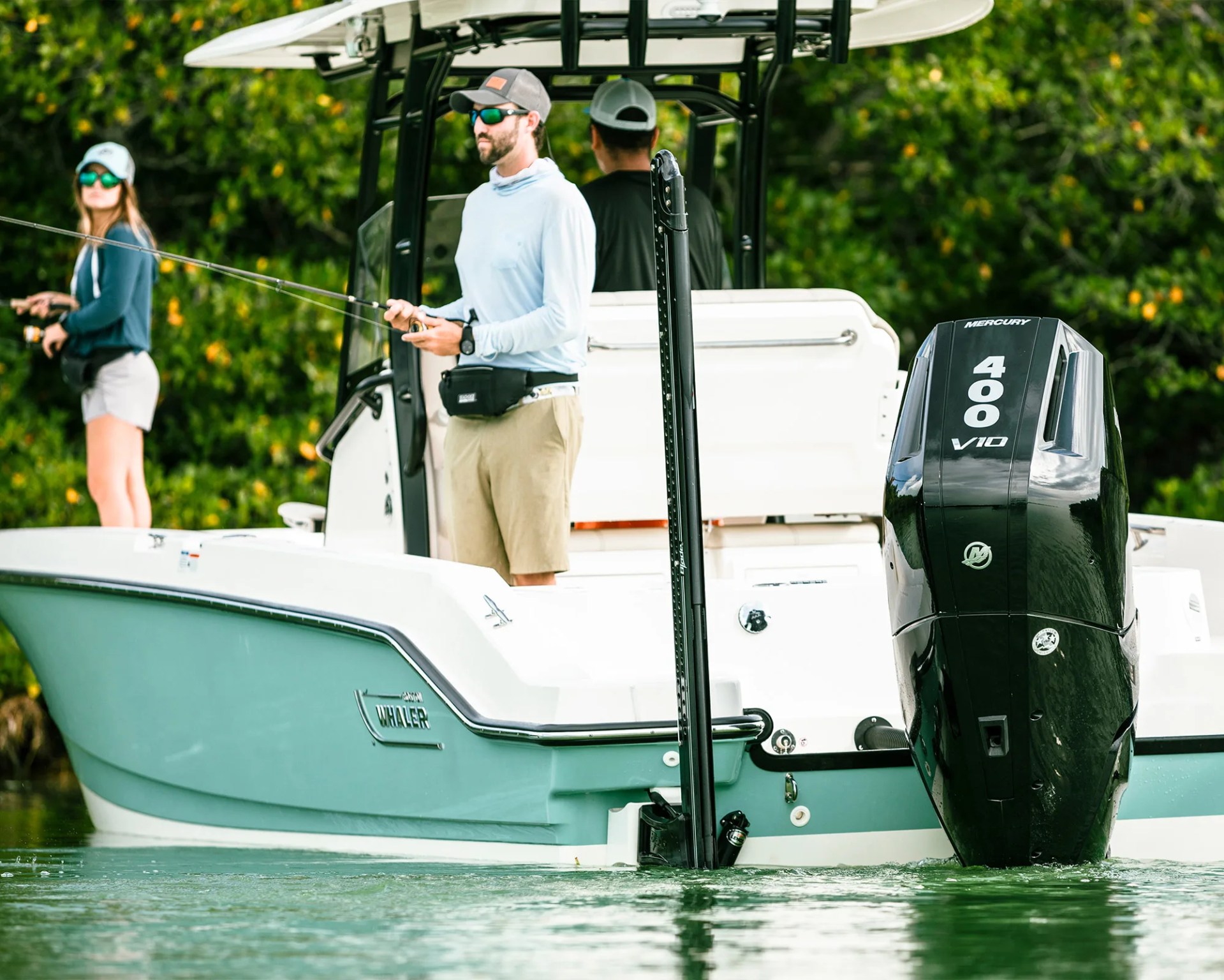 people fishing on a boat powered by Mercury Marine engine
