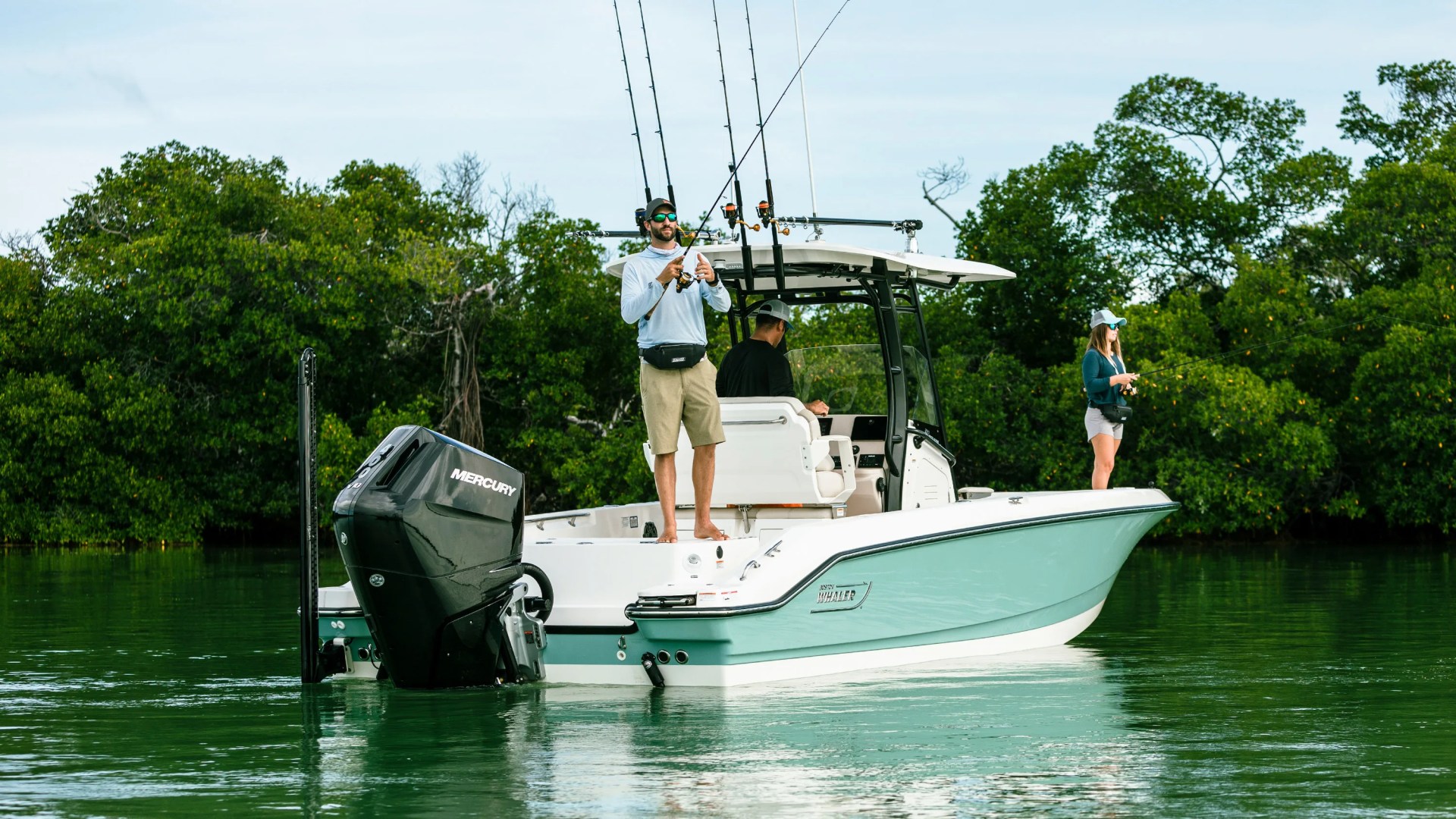 people fishing on a boat powered by Mercury Marine engine