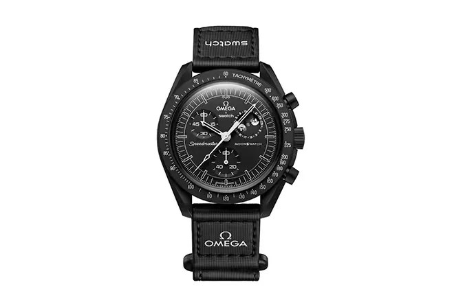 Swatch x Omega Mission to Moonphase New Moon watch shown face on in black.