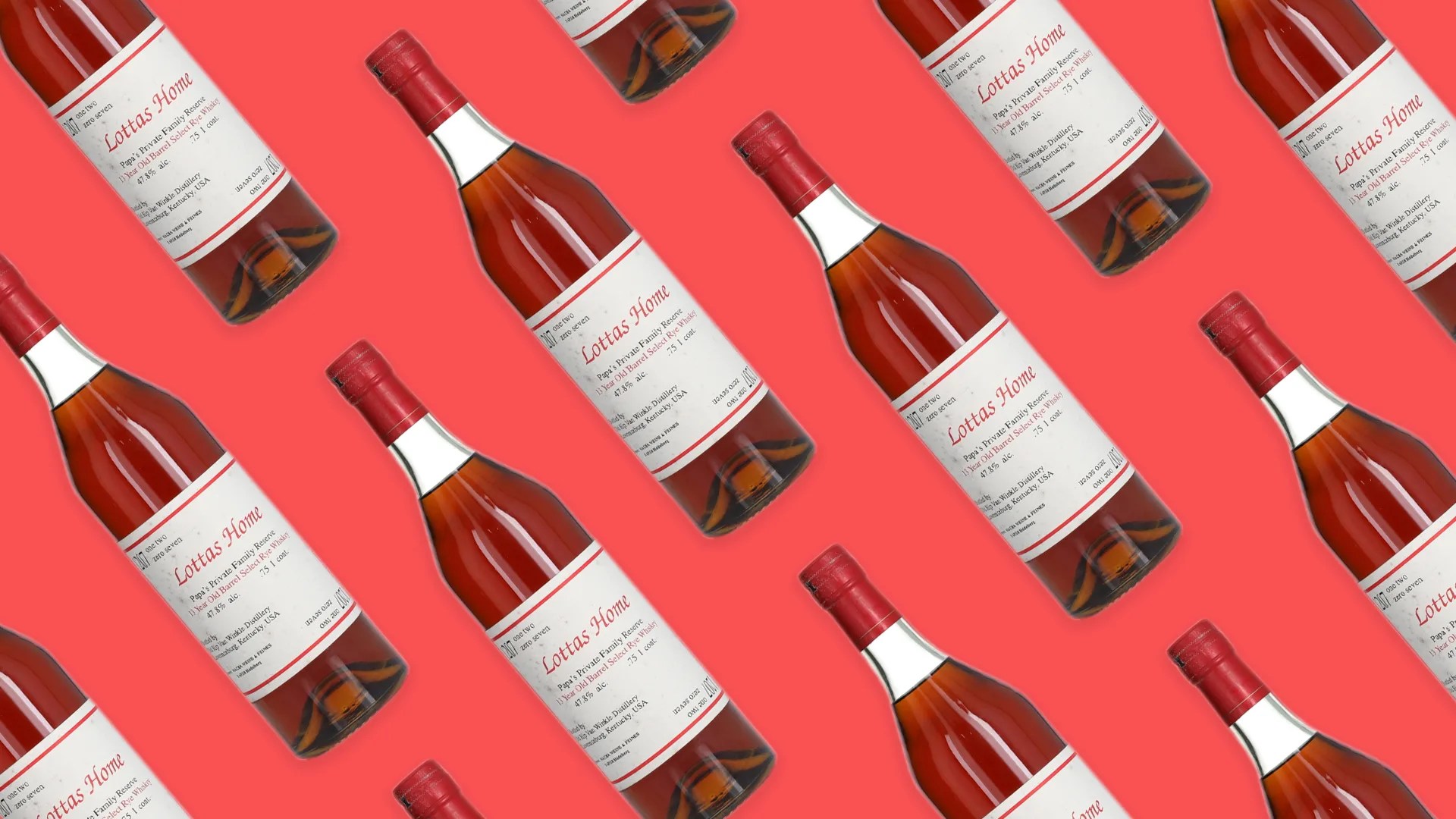 collage of angled bottles of lottas home rye whiskey on a red background
