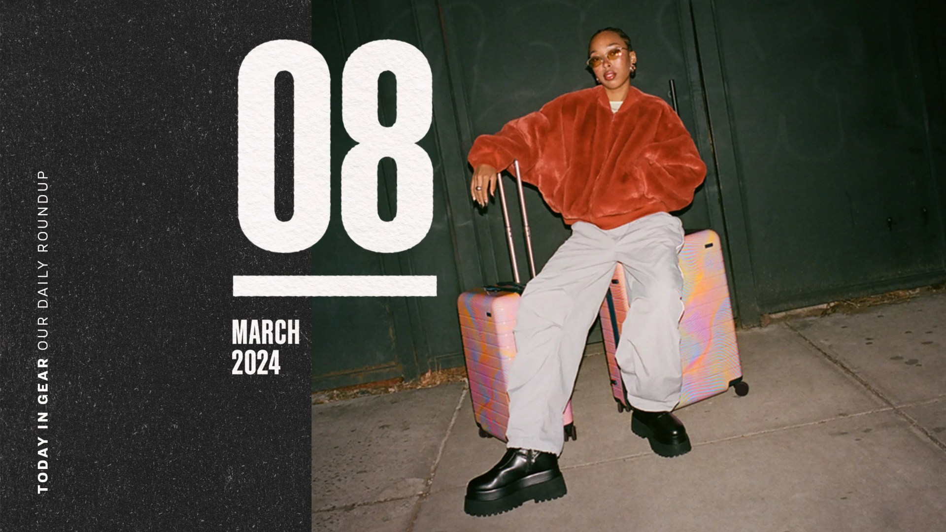 Today in Gear March 8 2024 woman sitting on Away limited edition sound wave suitcase