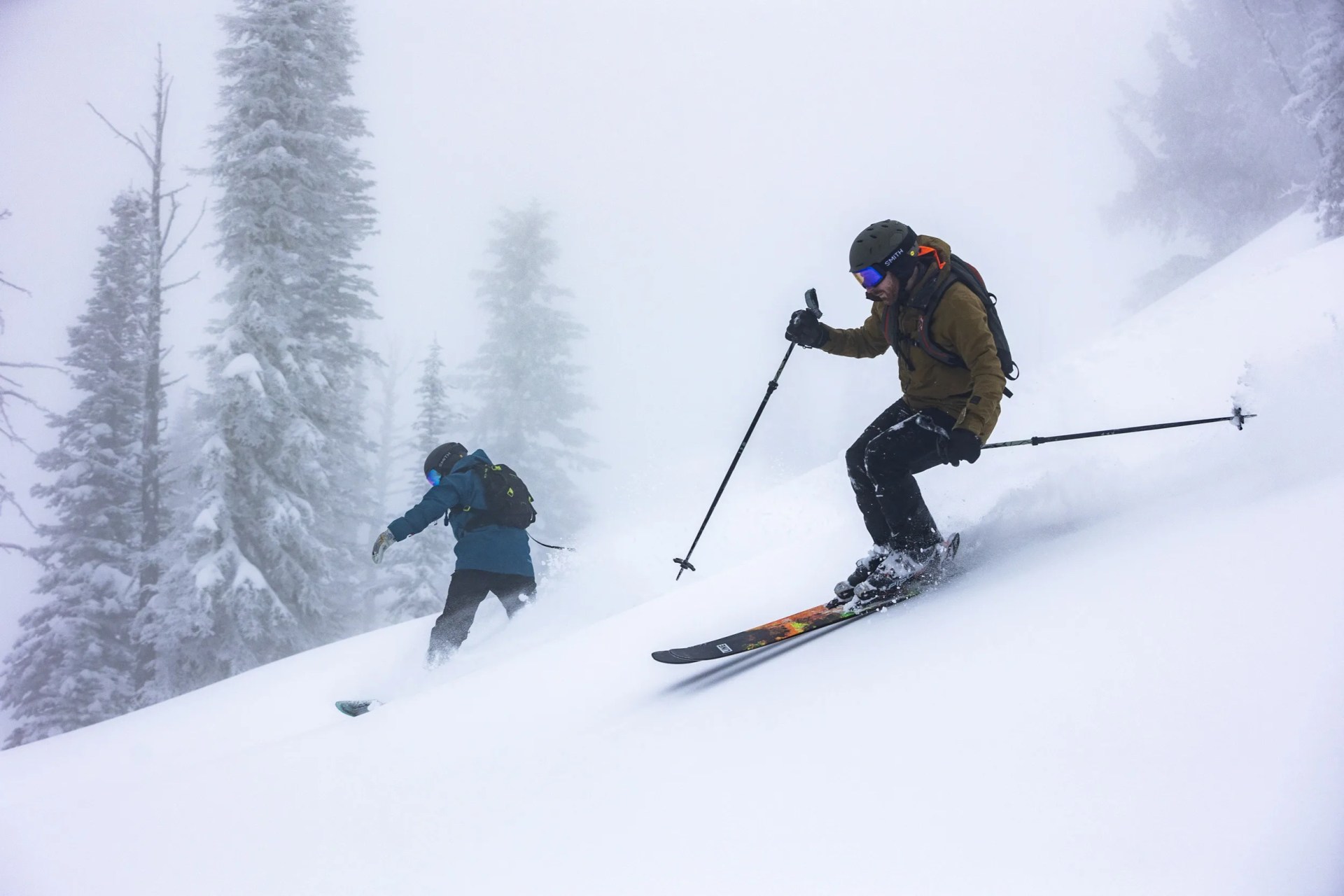 snowboarder and skier in the brundage mountain backcountry