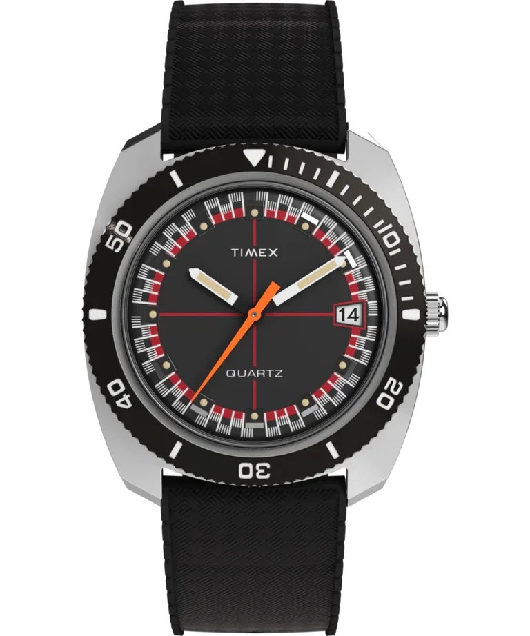 black timex watch with a checkered flag patterned dial