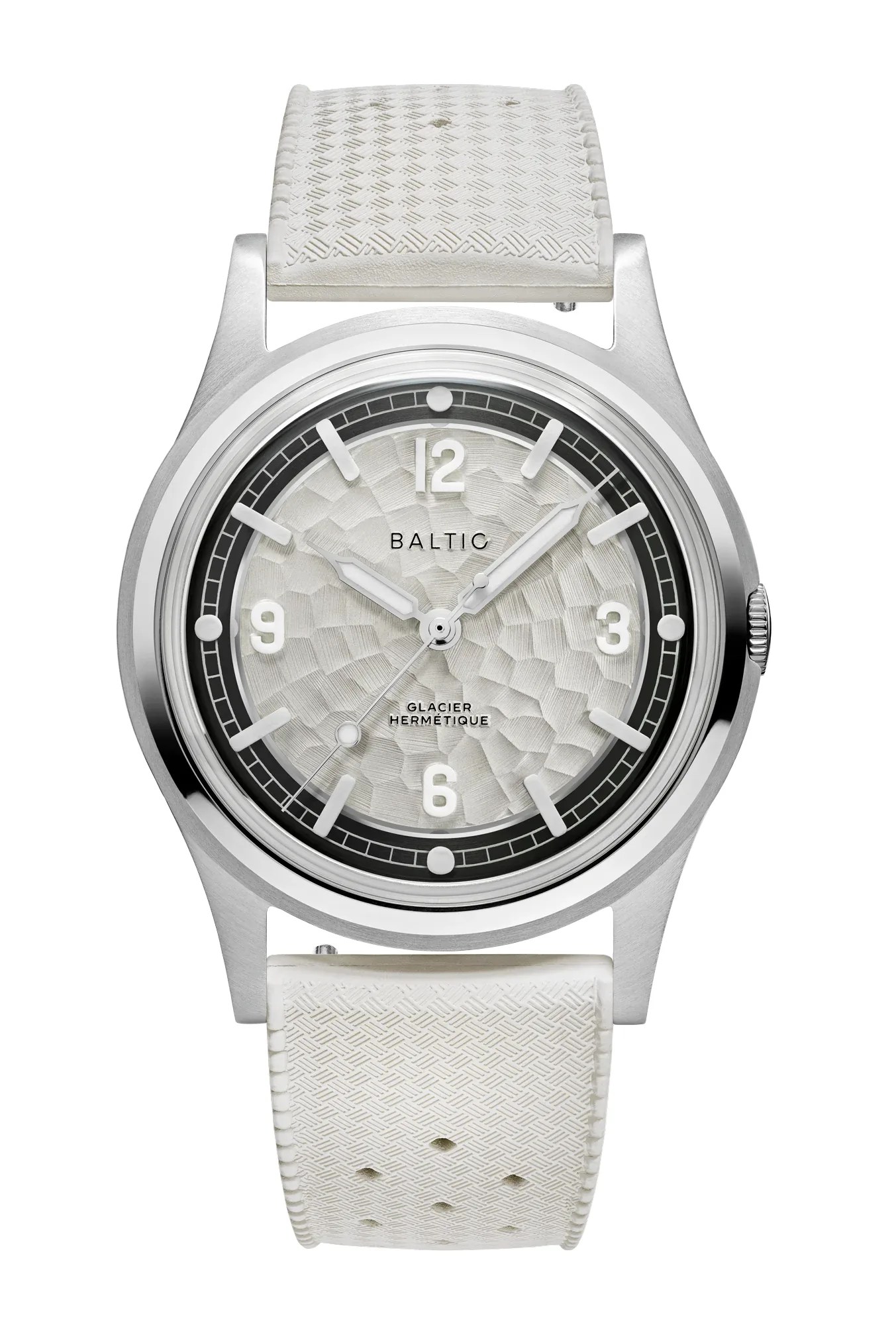 baltic watch with white textured dial and white rubber strap