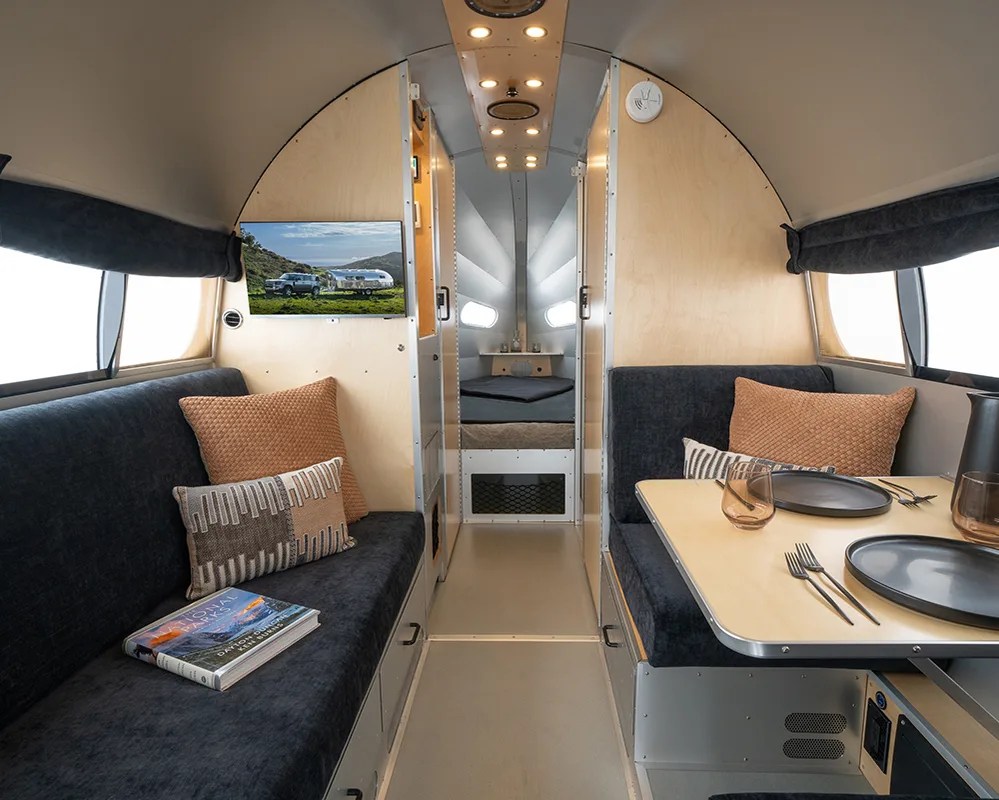 the interior of bowlus rivet camping trailer.