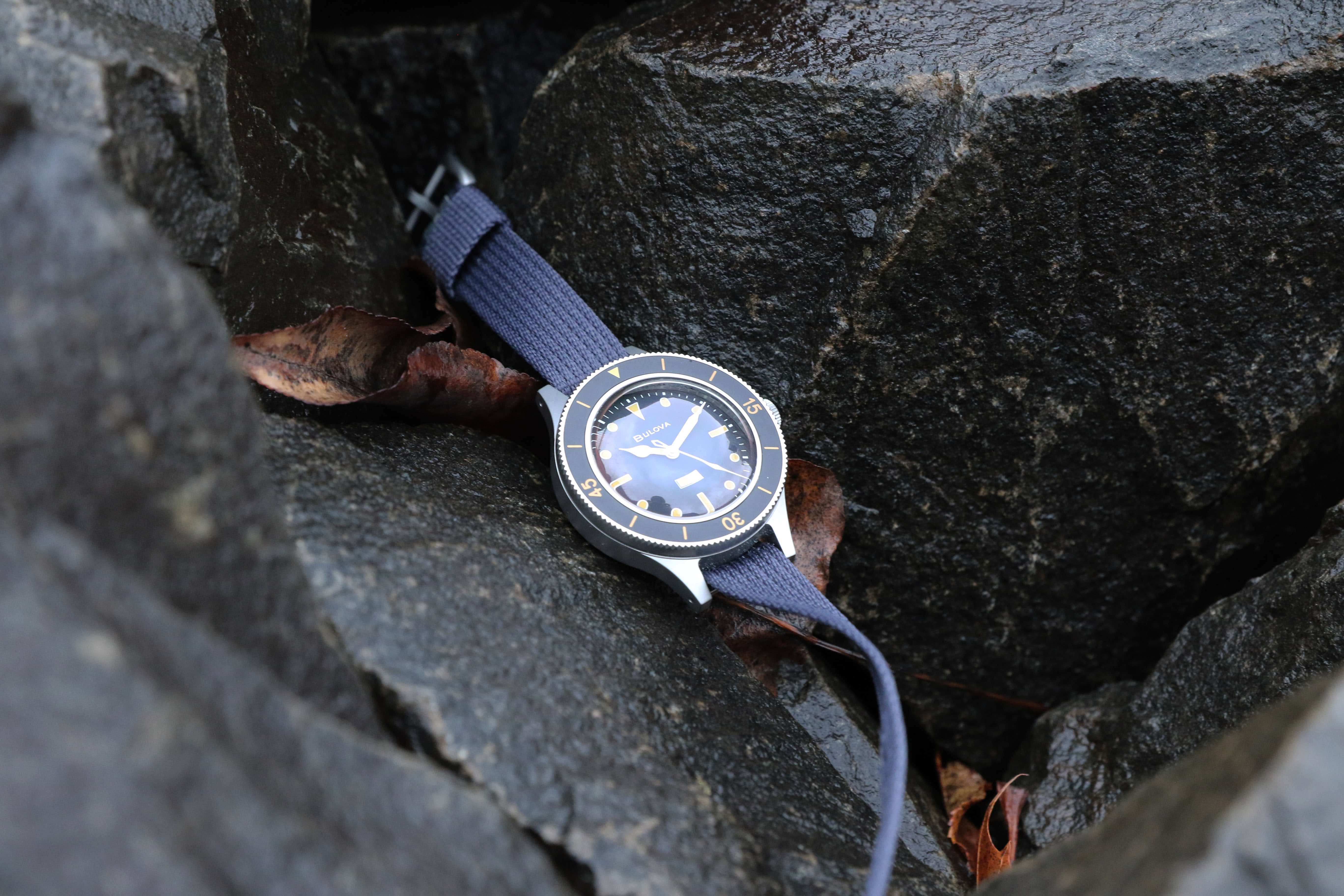 dive watch on rocks
