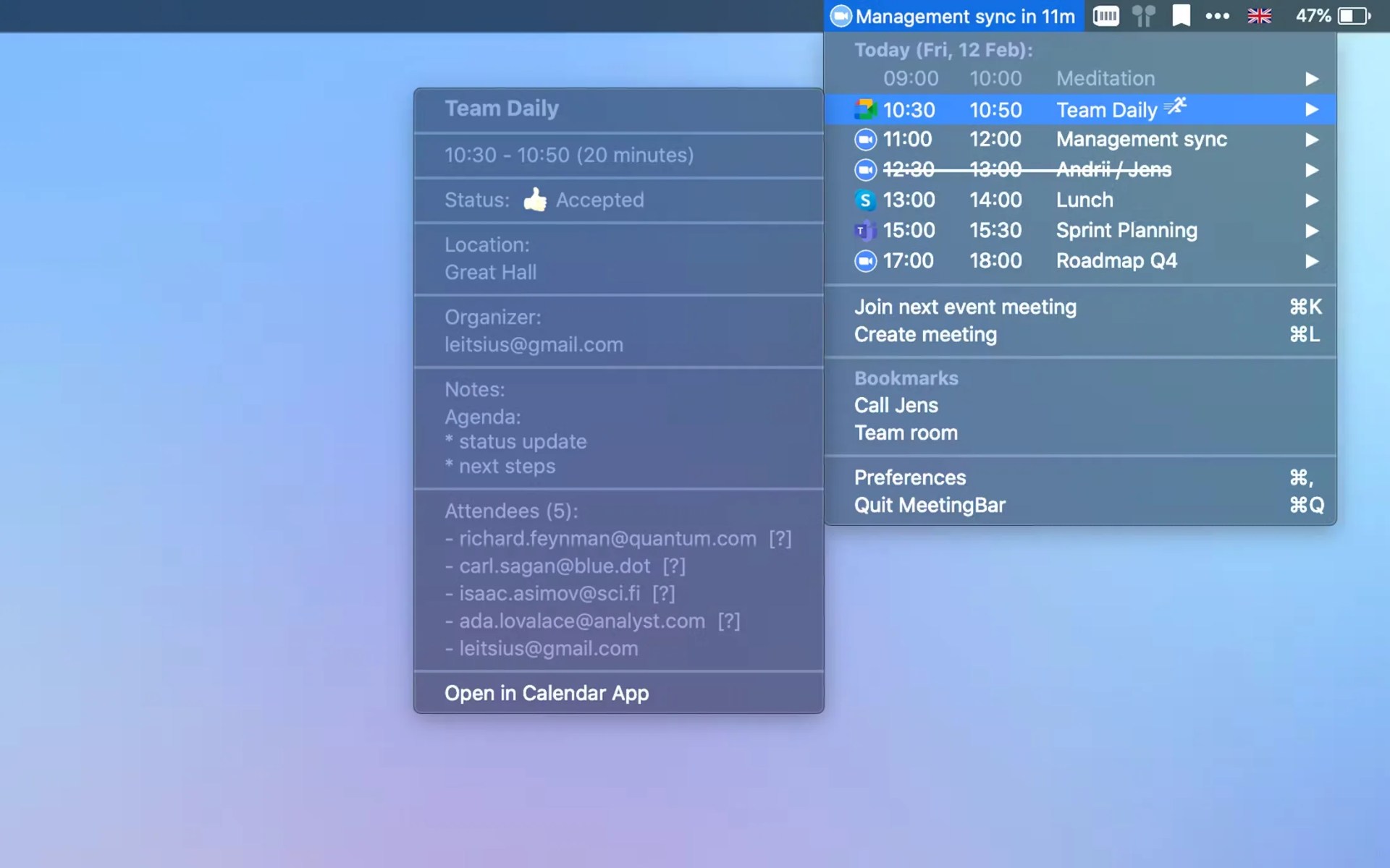 Dropdown app in mac menu bar showing someone's daily calendar events and details