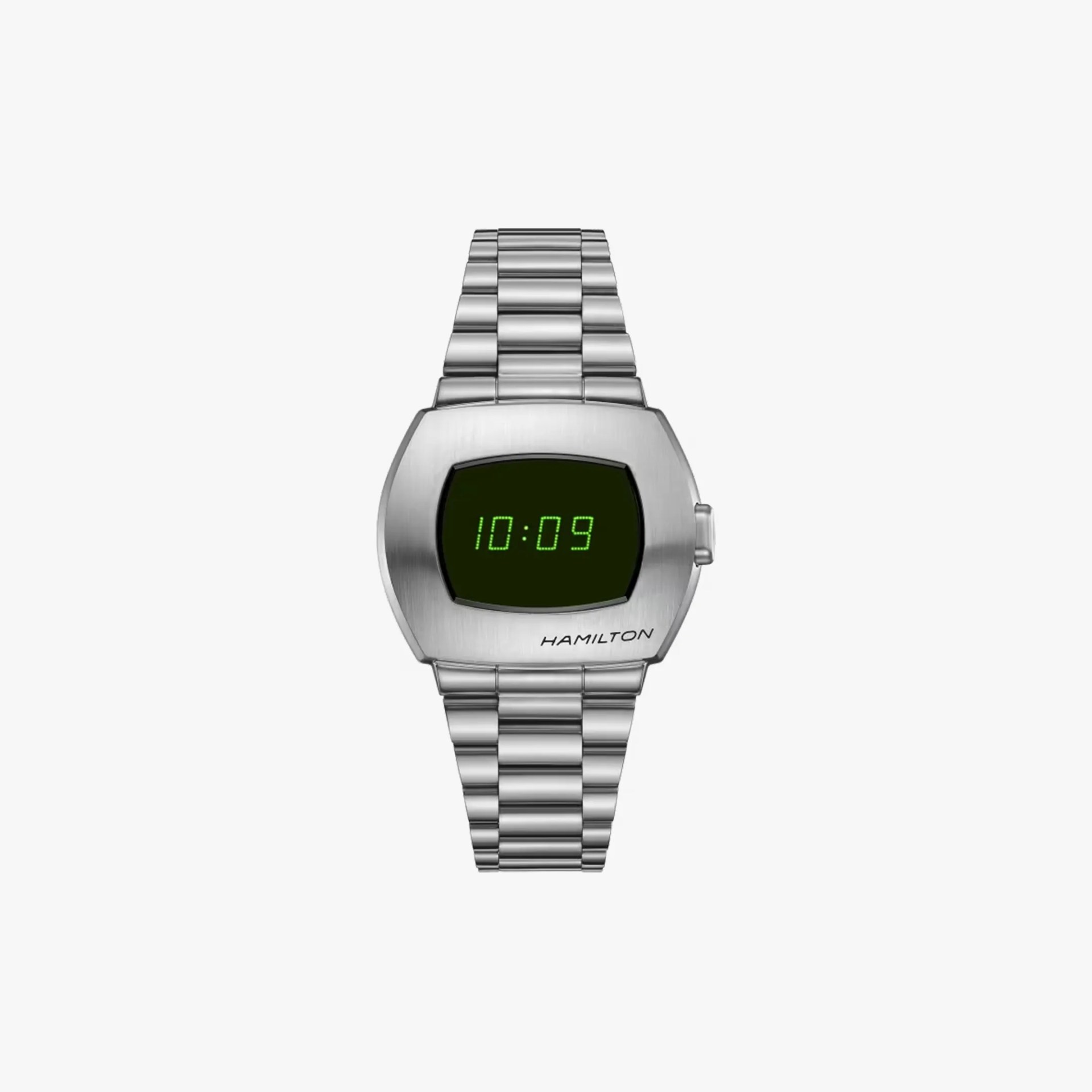 steel watch with digital display and green numbers