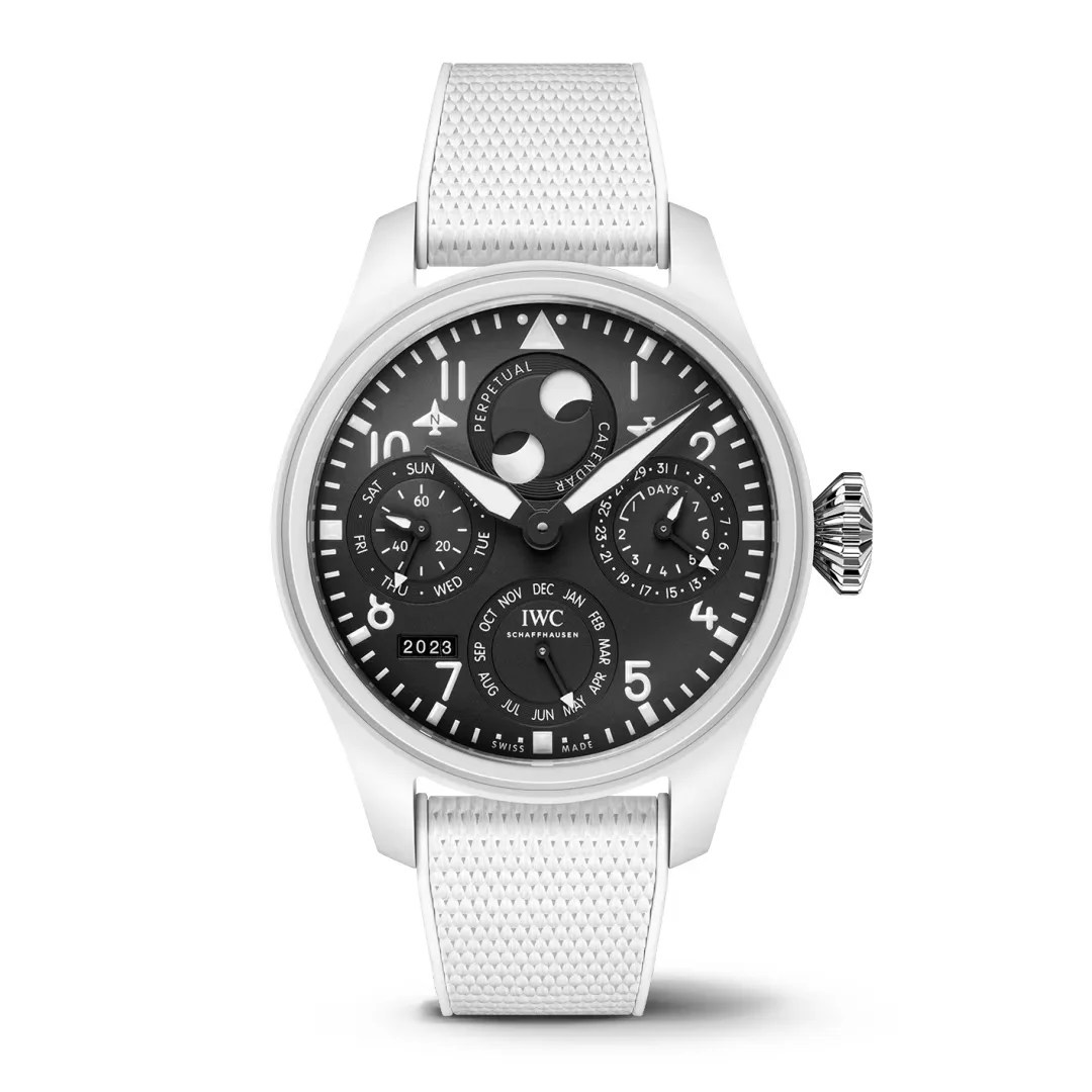white iwc watch with black dial