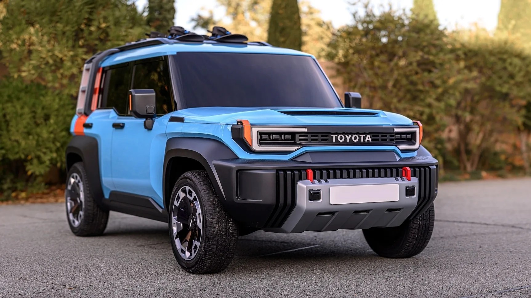 Toyota Land Cruiser FJ model parked in front of bushes