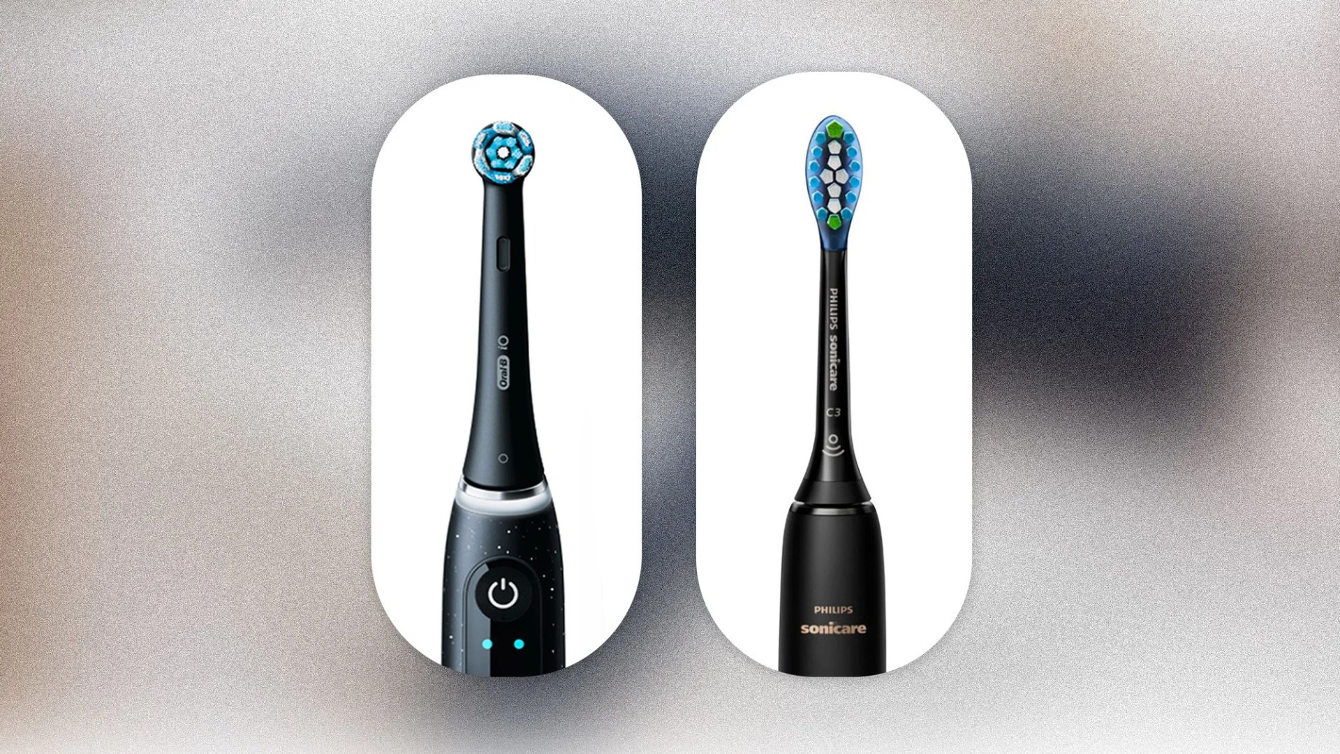 photo illustration of an oral-b toothbrush next to a sonicare toothbrush