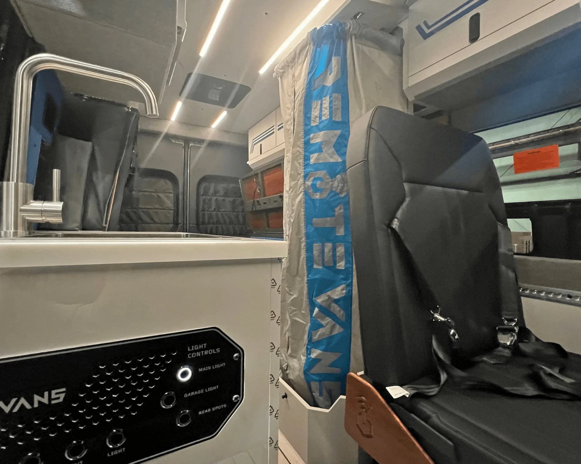 interior and shower of remote vans camper van