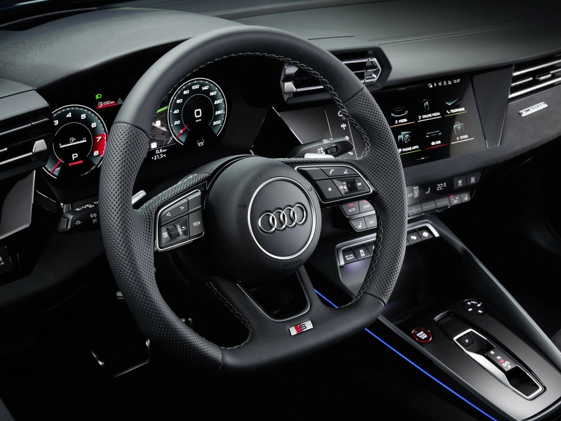 Interior drivers seat and steering wheel of 2025 Audi S3 performance sedan