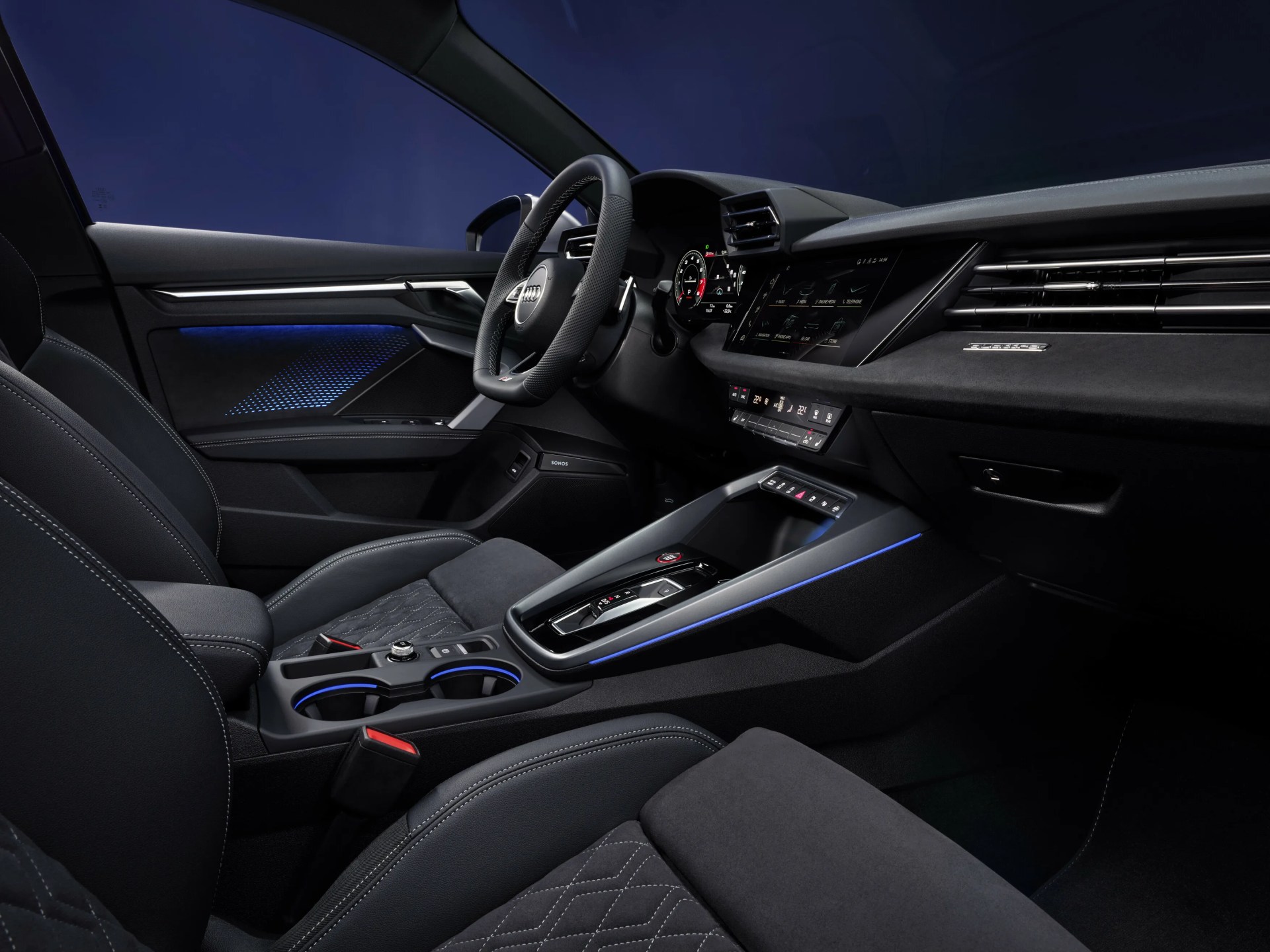 Interior passenger seat and drivers seat view of 2025 Audi S3 performance sedan