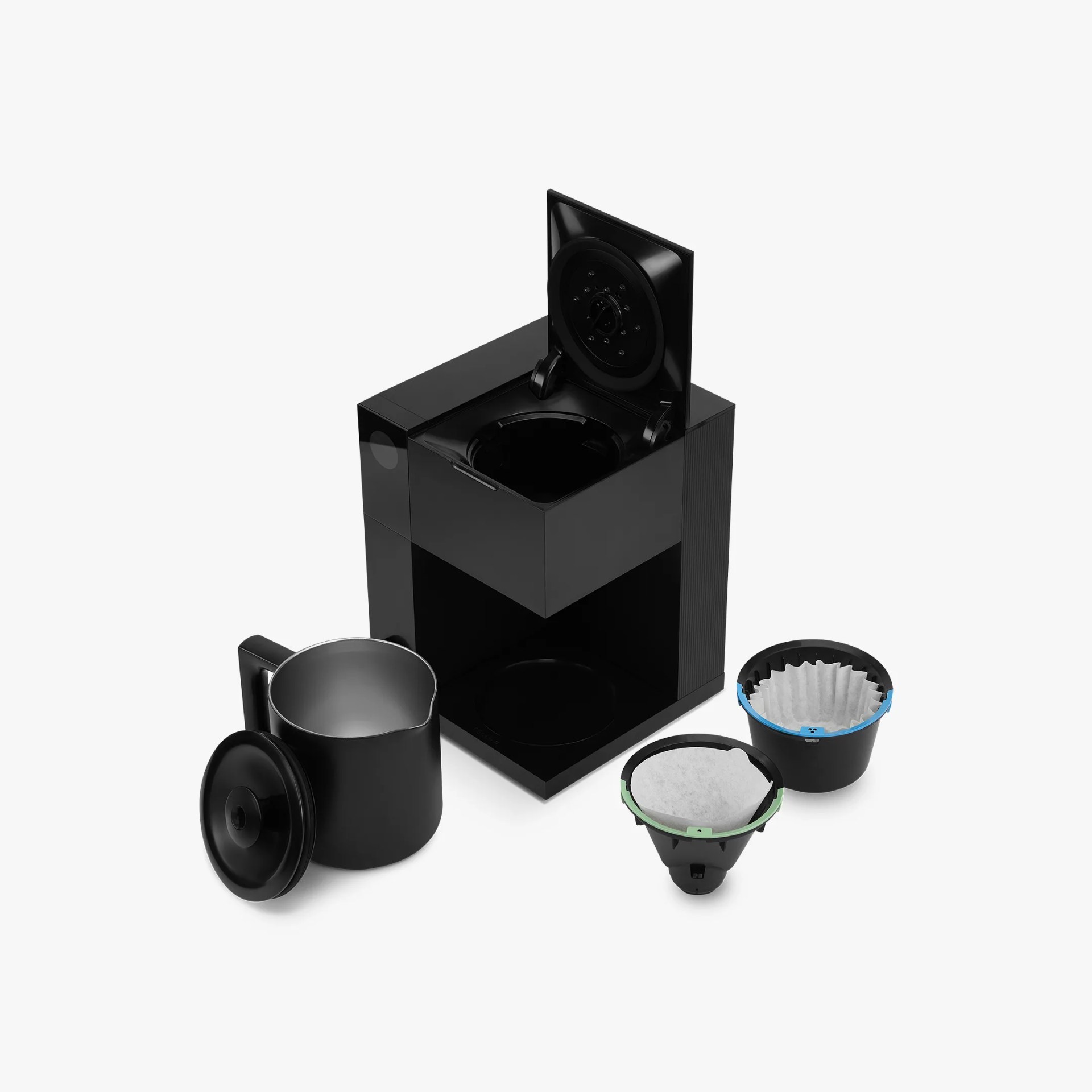 black coffee machine with two brew baskets