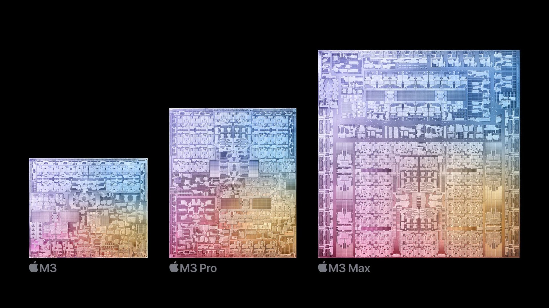 Apple's M3, M3 Pro and M3 MAX CPUs shown in an x-ray view side by side to reveal their underlying architecture. 