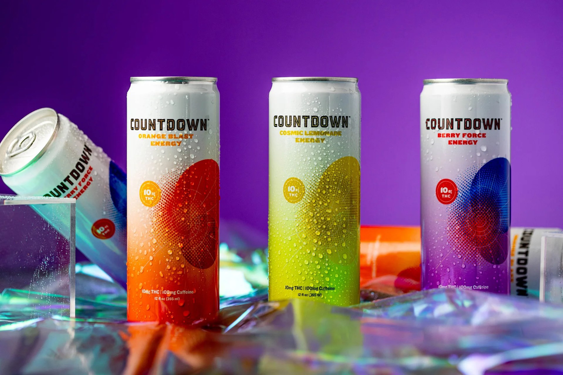 energy drinks on purple background