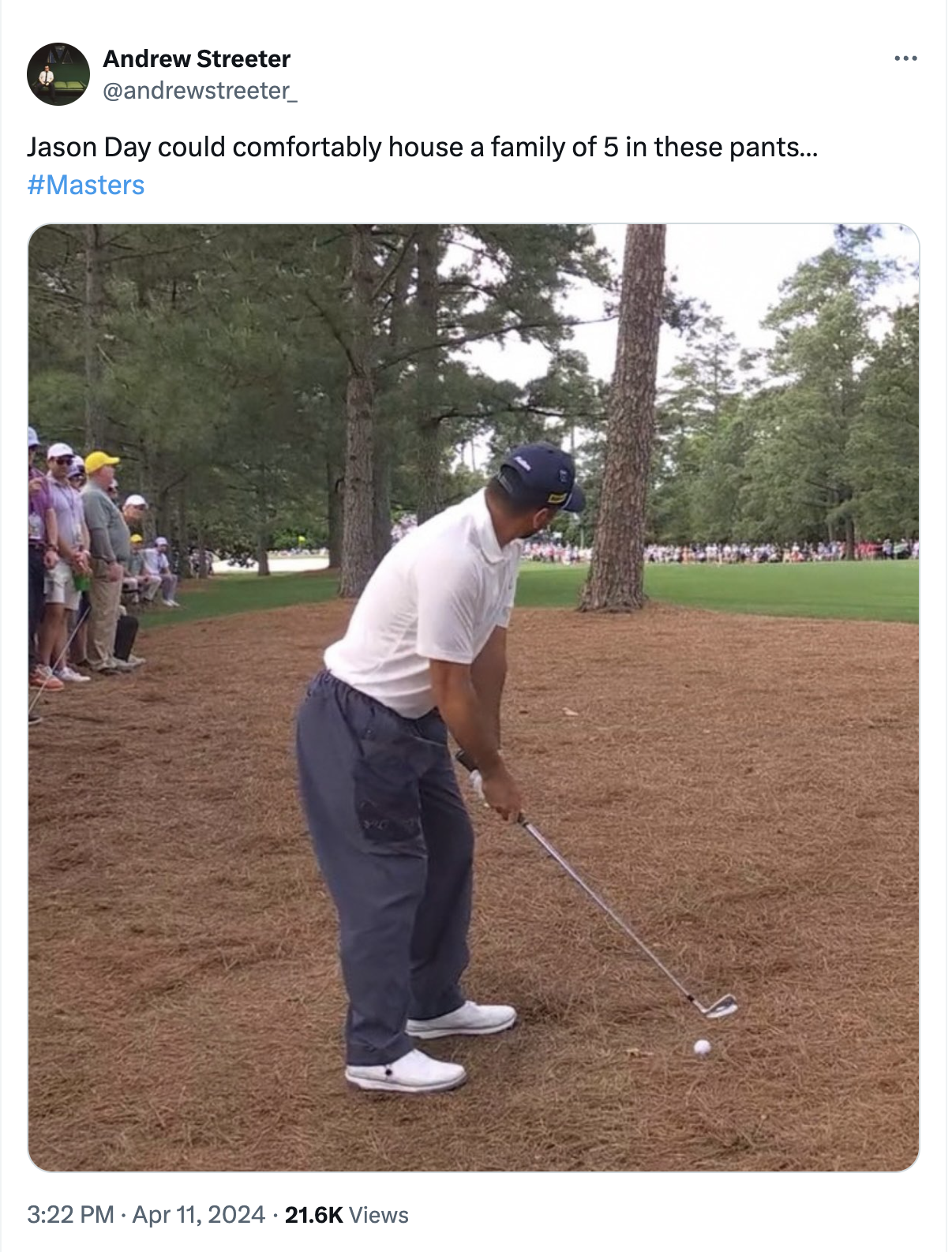 Screenshot of twitter post commenting on Jason Days baggy pants worn at the 2024 Masters Tournament