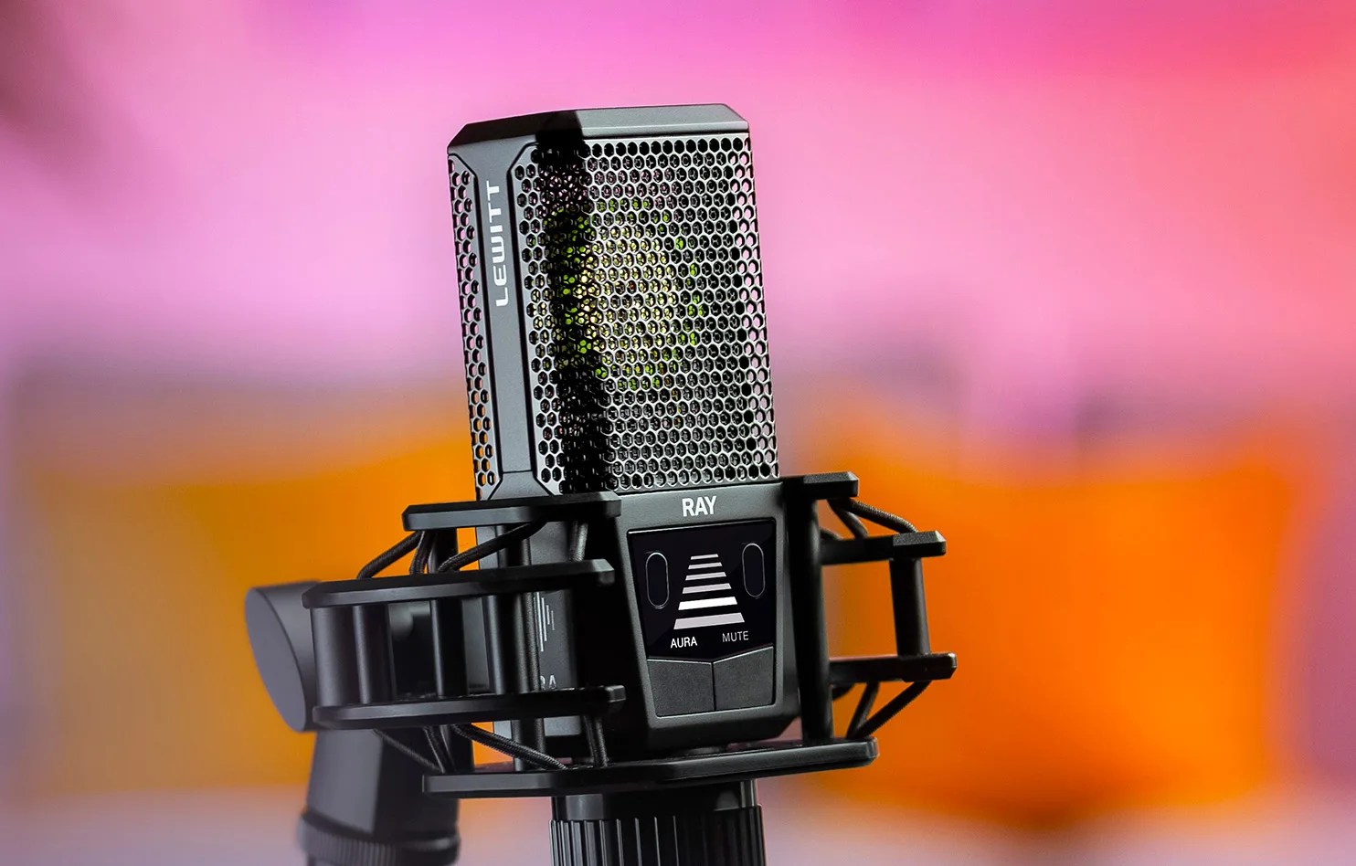 Lewitt ray microphone detailed phot with pink and orange blurred background