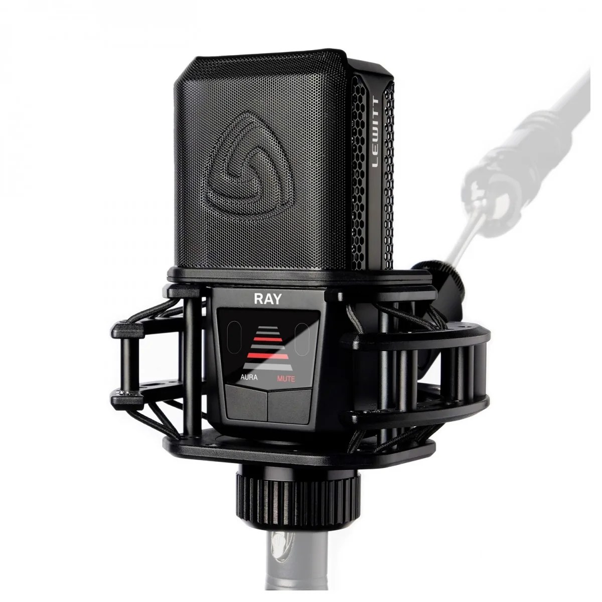 Closeup of the Lewitt Ray microphone on white background showing the distance meter.