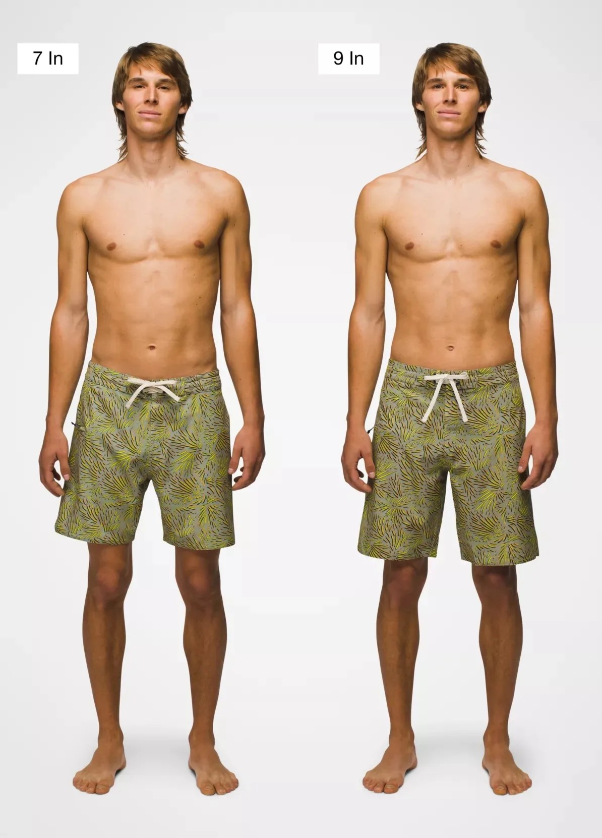 The same man shown wearing a 7" and 9" version of prAnas fenton board shot to illustration the difference in the shorts fit and length.
