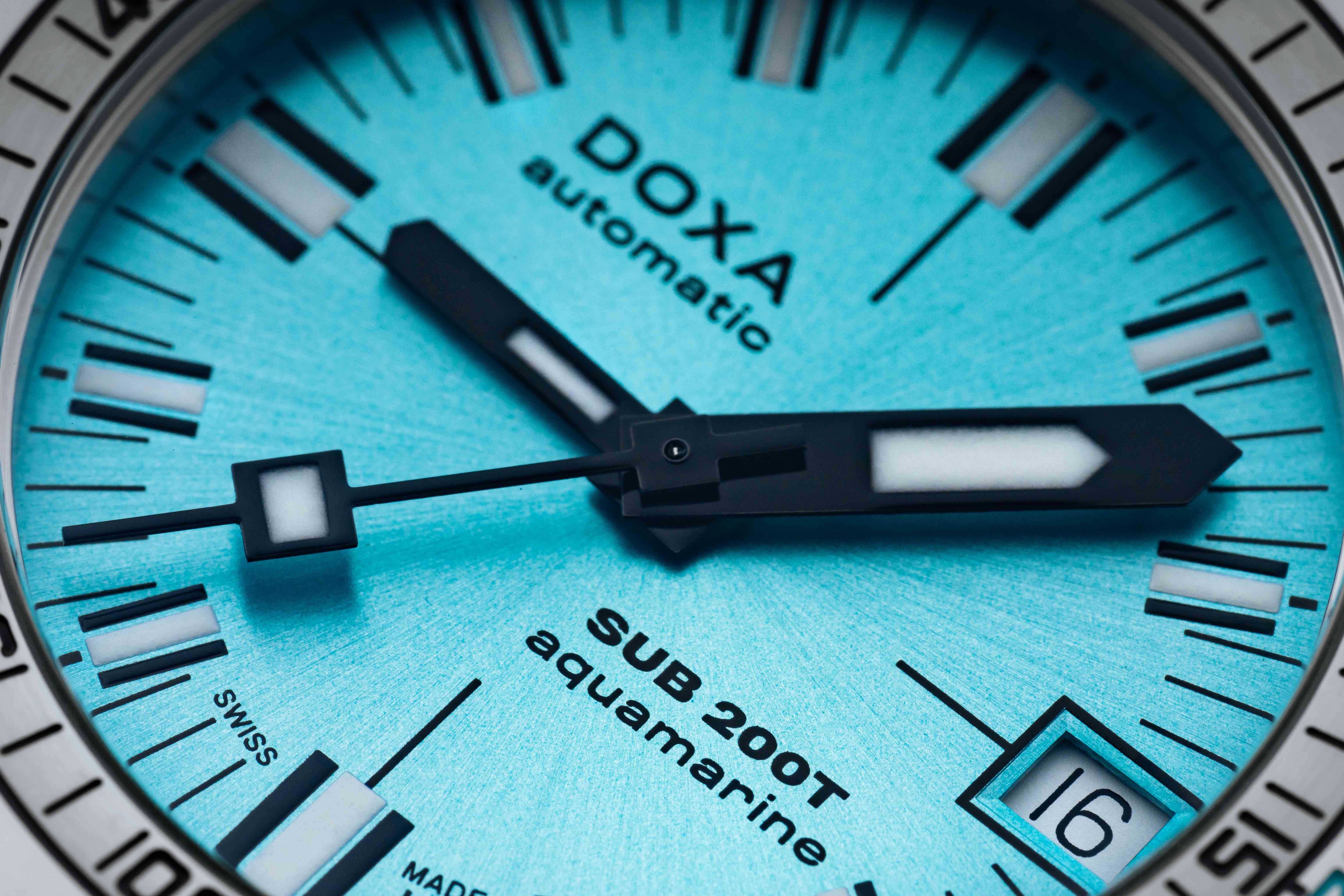 closeup of aquamarine doxa watch dial