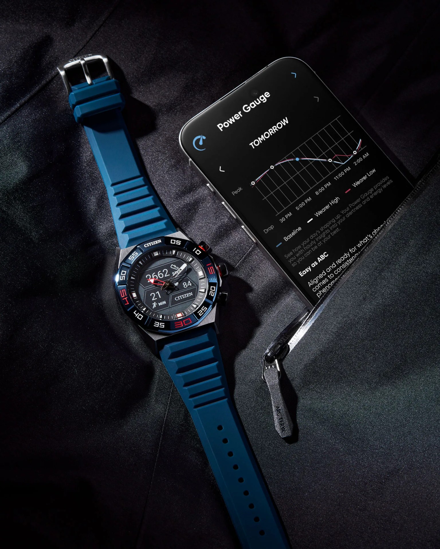 watch on jacket material with tracking app in pocket