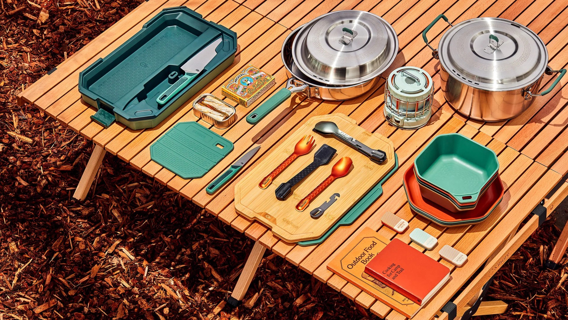 camp cooking products on slated wood surface