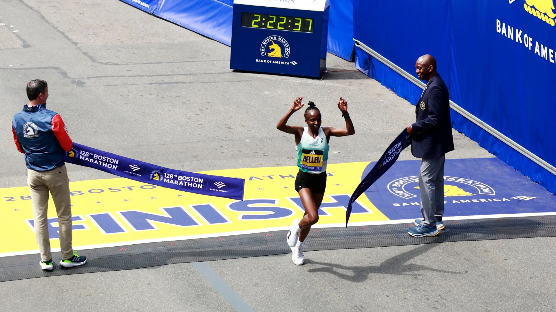Hellen Obiri crossing the finish line of the 2024 Boston Marathon