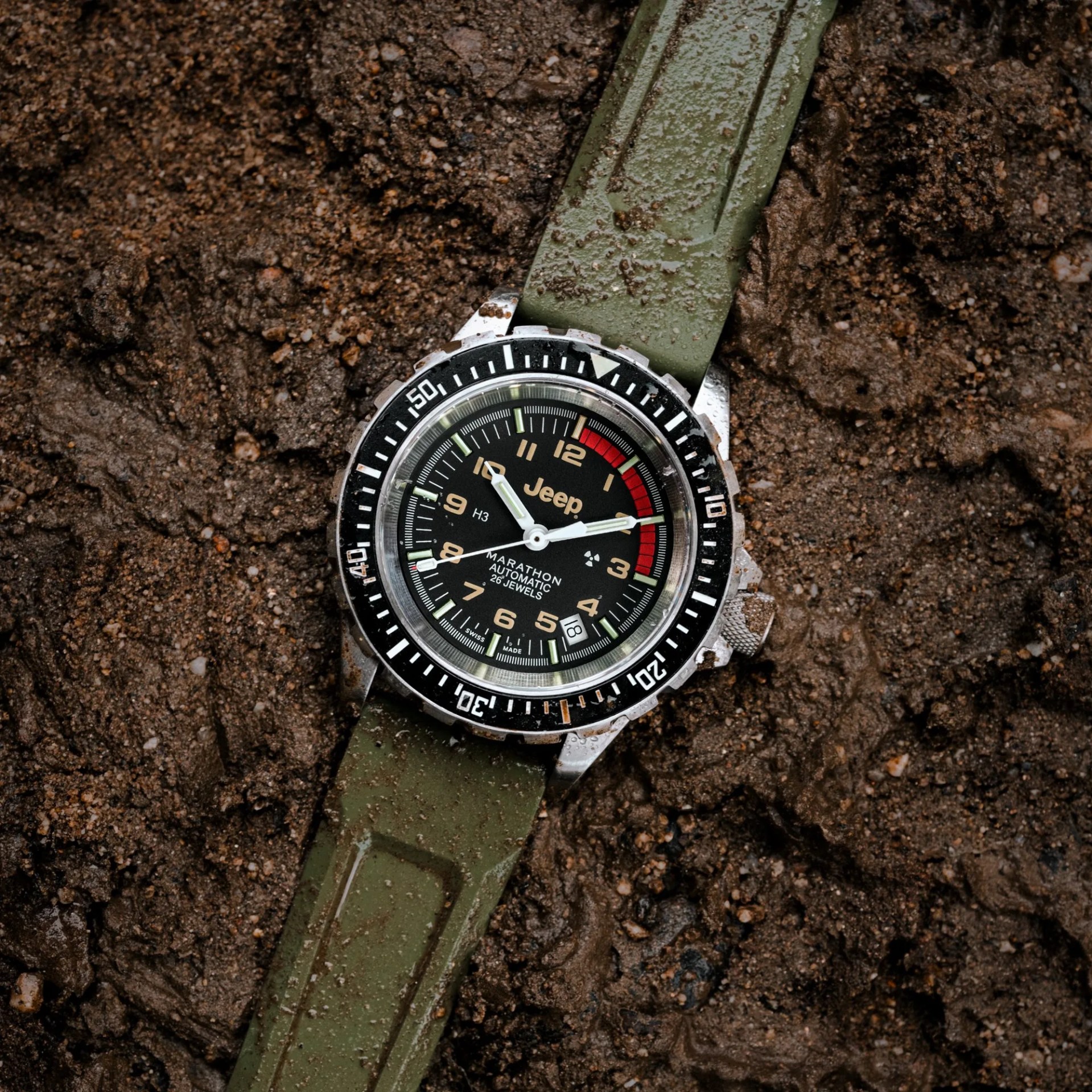 jeep x marathon military watch in mud
