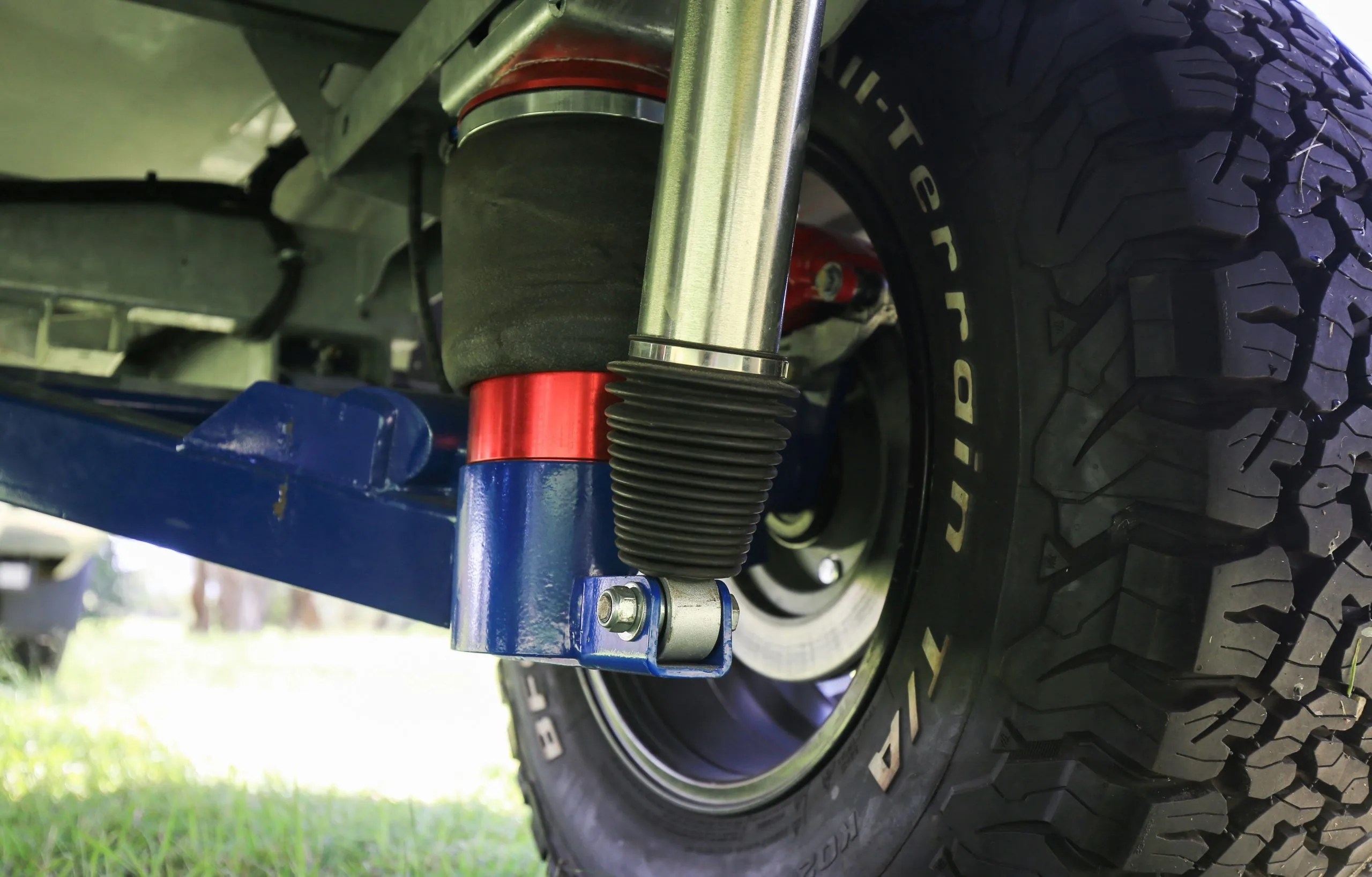 shock absorber closeup on a Kimberly Kampers camper