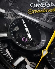 closeup of rocket seconds hand on omega speedmaster dark side of the moon watch