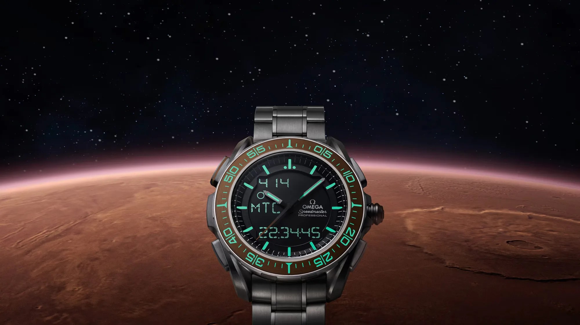 omega digital analog watch with mars in the background