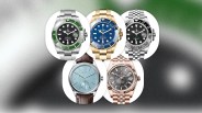 multiple rolex watches on blurred green background