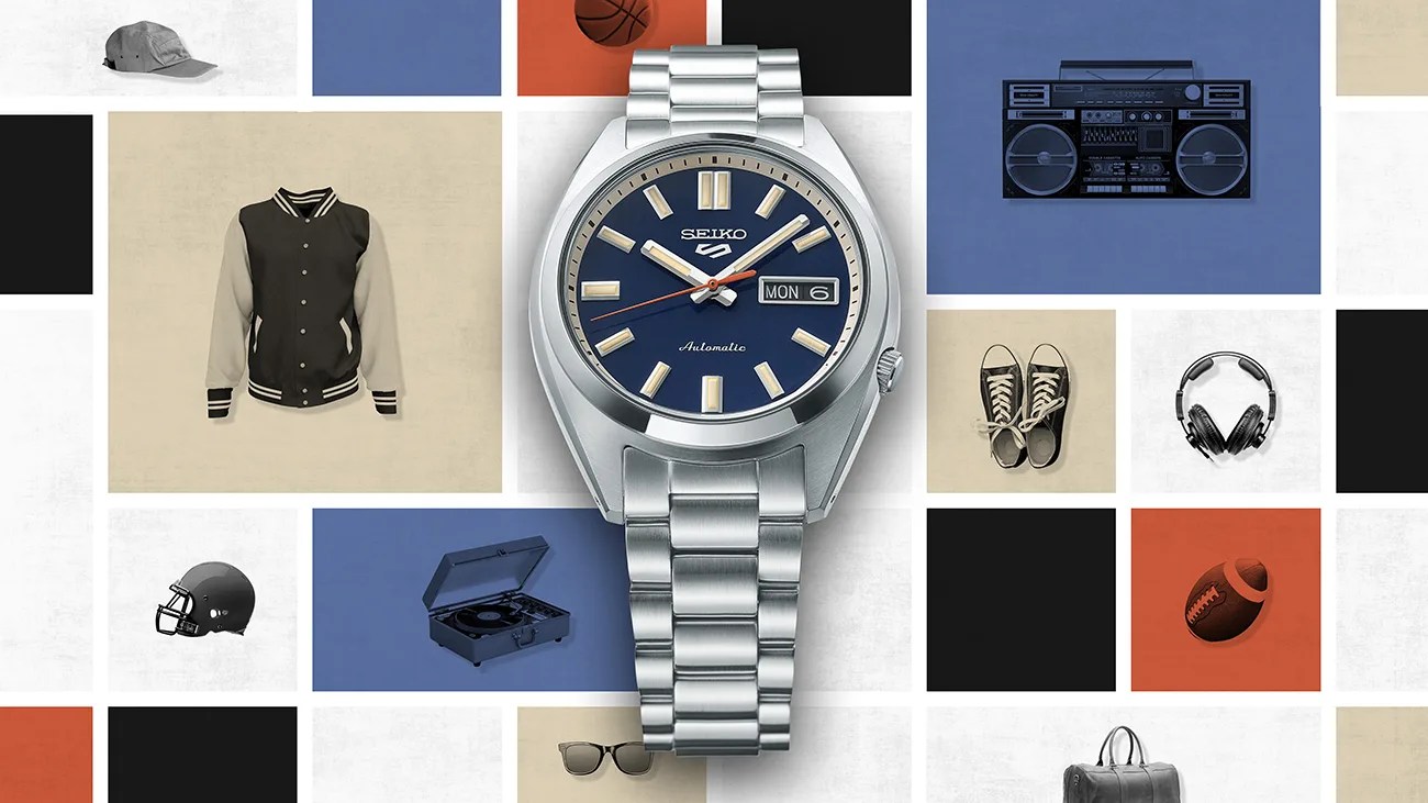 blue seiko watch on a collage background featuring various retro products