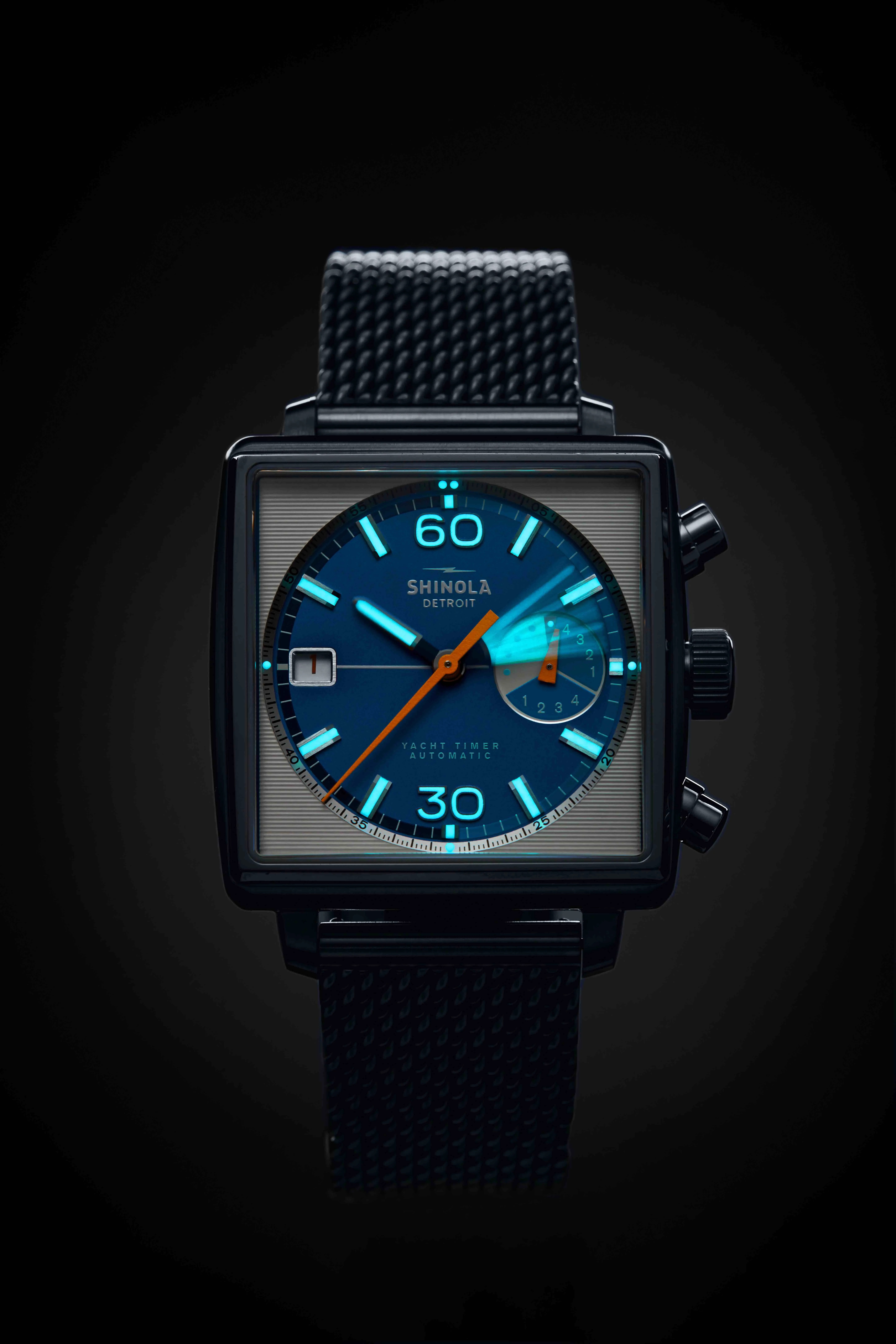 shinola watch with lume glowing in the dark