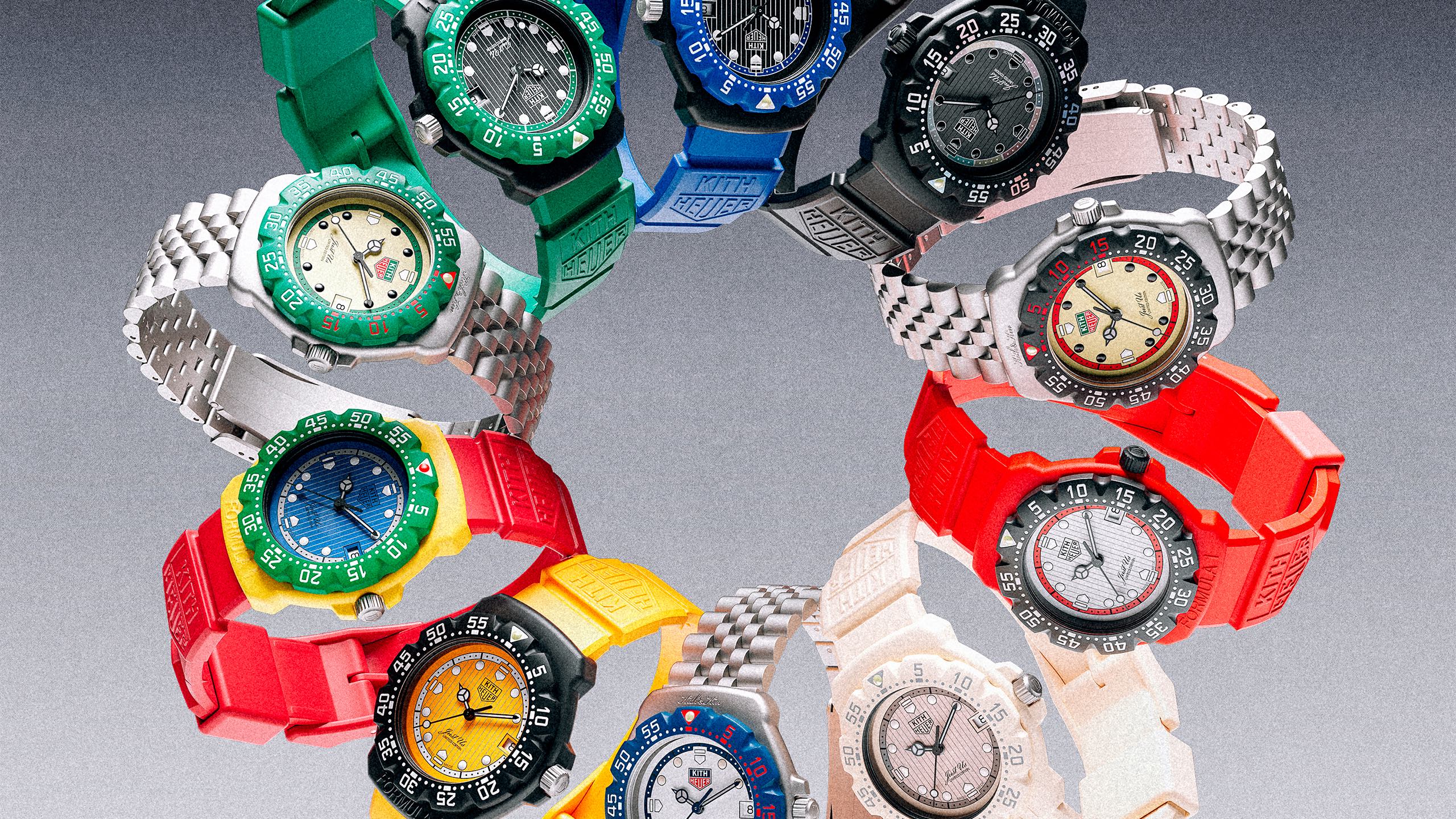 a group of colorful TAG Heuer watches